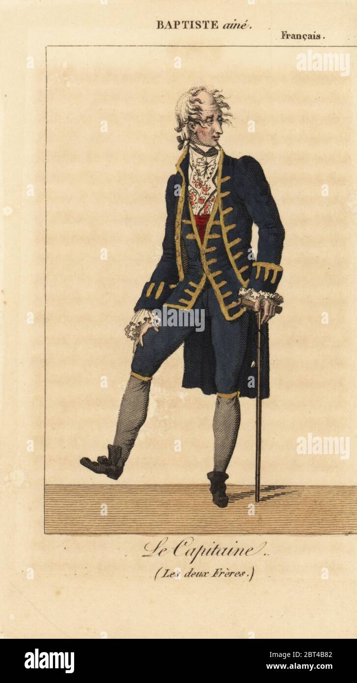 Französische Schauspieler Nicolas-Baptiste Anselme oder Baptiste aine (1761-1835) als Le Capitaine in Les Deux Freres an der Comedie Francais. Papierkörbe Kupferstich von Karls Malo Almanach des Brille parK.Y.Z, Chez Louis Janet, Paris, 1820. Stockfoto