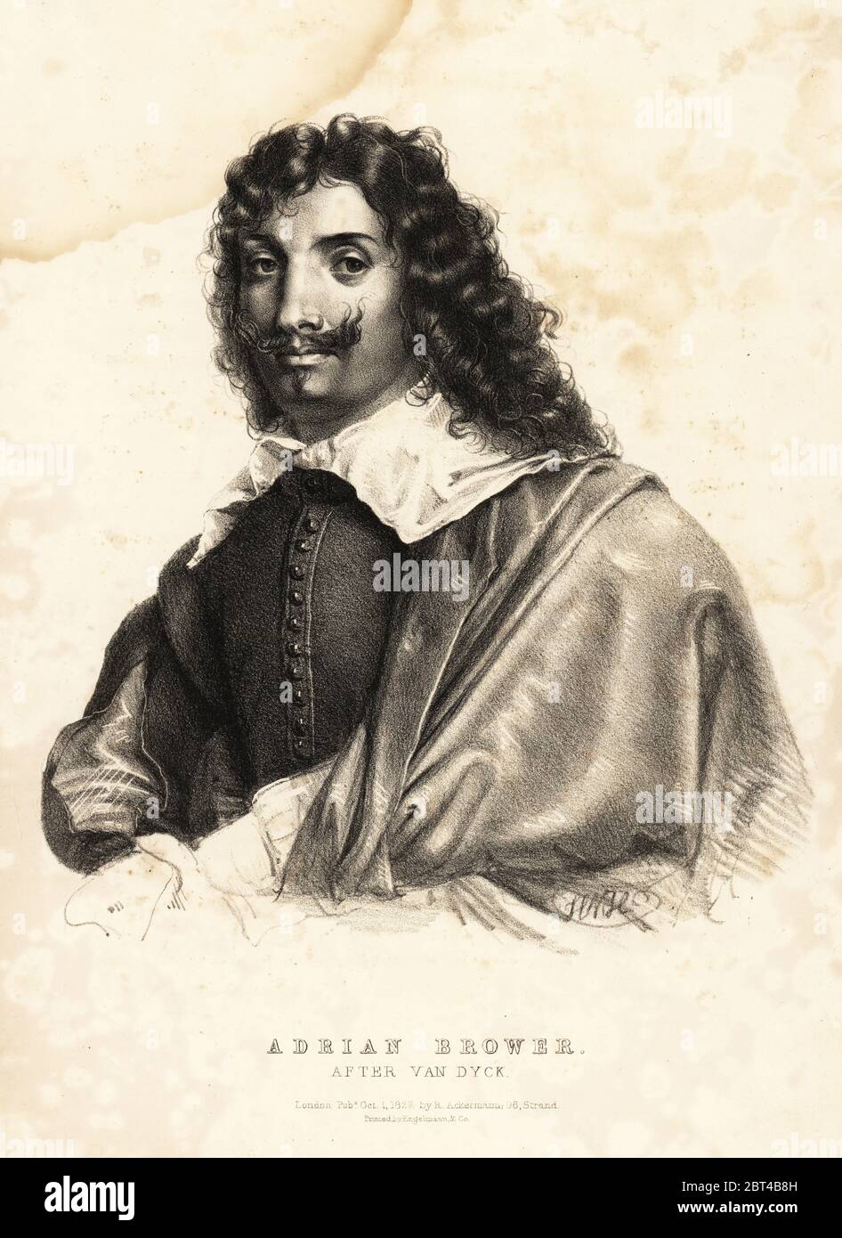 Adriaen Brouwer oder Adrian Brower, flämischer Maler, 1605-1638. Nach einem Portrait von Anthony van Dyck. Lithographie nach einer Zeichnung von HVH - von Porträts der berühmtesten Maler aller Schulen, Ackermann, London, 1827. Stockfoto