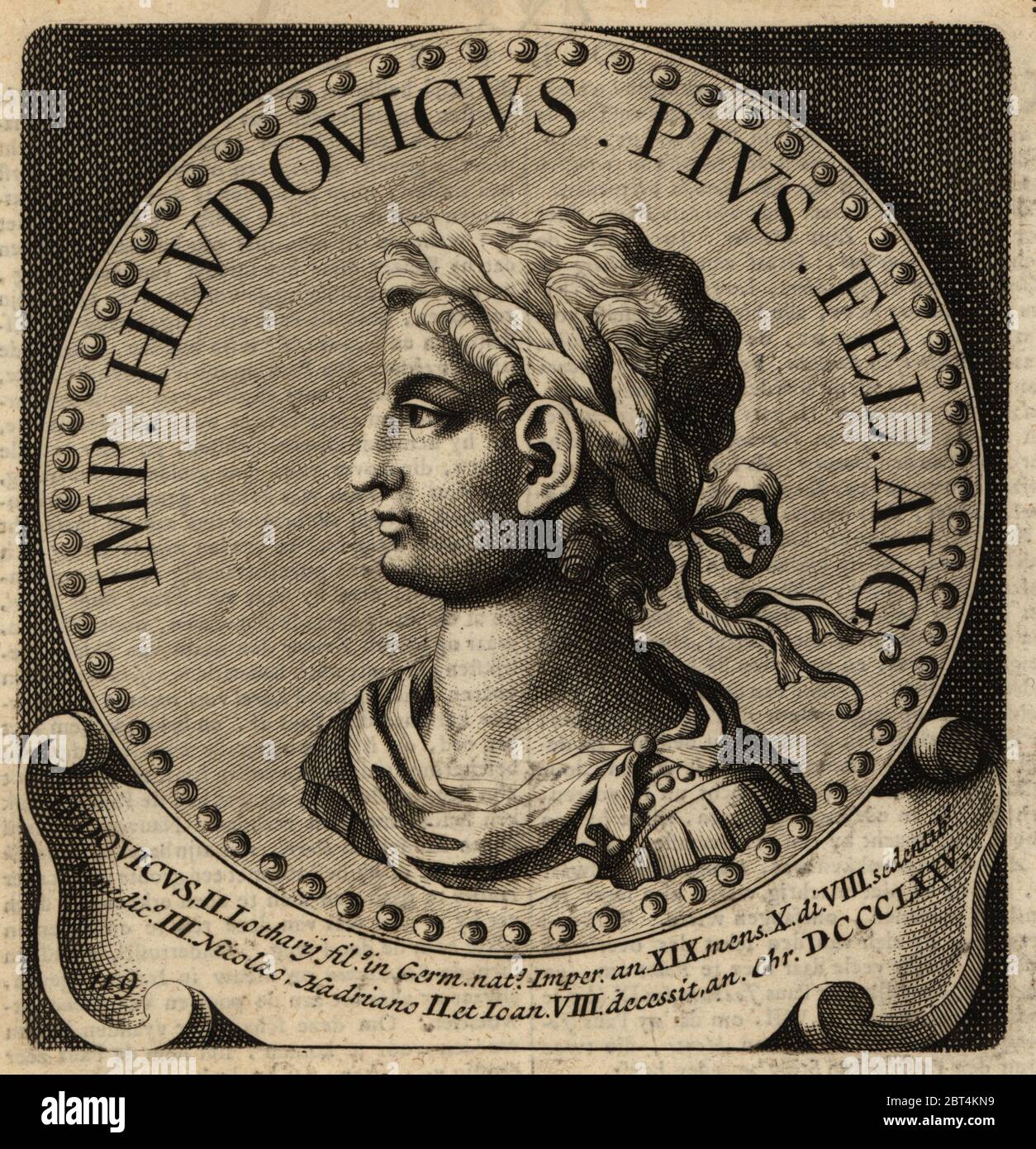 Kaiser Ludwig II., Ludovicus II., 825-875. König von Italien, Co-Kaiser mit Lothair I. Kupferstich von Abraham Bogaerts De Roomsche Monarchie, die römische Monarchie, Francois Salma, Utrecht, 1697. Stockfoto