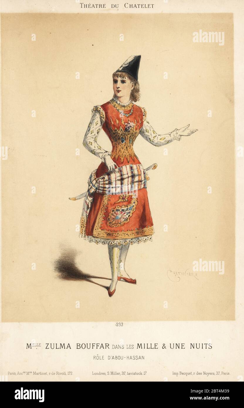 Zulma Bouffar, französische Sopranistin in der Rolle als Abu Hassan in Tausend und eine Nacht am Theatre du Chatelet, 1881. Papierkörbe Lithographie von Chatiniere von Martinet, Paris, 1881 veröffentlicht. Stockfoto