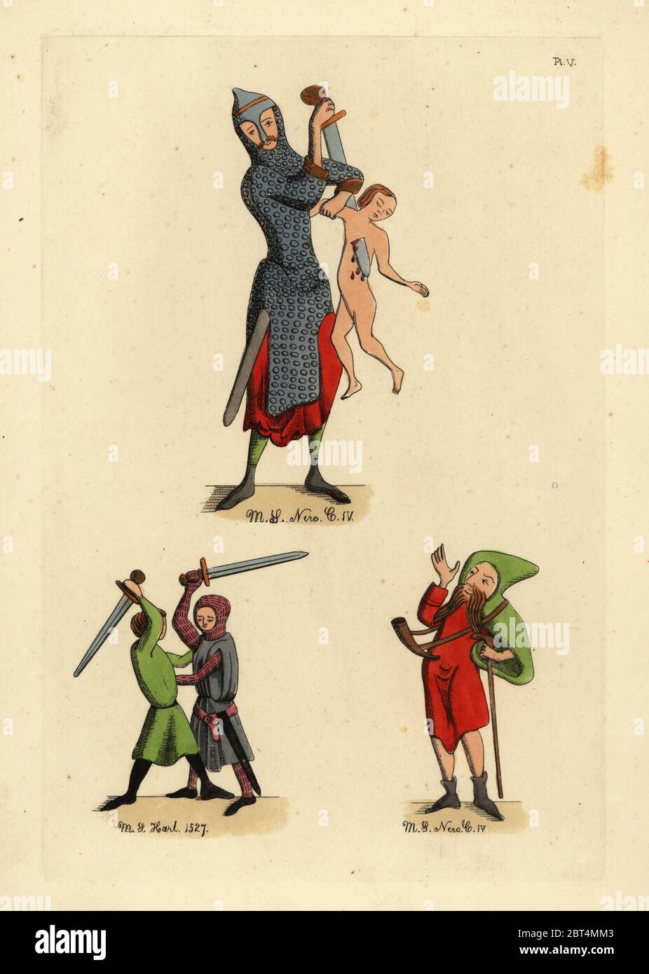 Normannische Mode 11. Jahrhundert: Normannischer Soldat in langer Kettenpost hauberk stechend ein Kind 1, Kreuzritter in Surcoat über einem Hafeton oder Anzug von gamboised Kettenhemd und coiffe de maille 2, und Bauer in kurzer Tunika mit Kapuzenmüll und Stiefel 3. Aus Handschriften Cotton Nero c.IV, zeigt das Massaker der Unschuldigen, und Harleian 1527. Handkolorierter Kupferstich von Thomas Anthony Day und J.H. Dines' Illustrationen von mittelalterlichen Kostümen in England, gesammelt aus Handschriften im British Museum, Bibliotheque Nationale de Paris, Bosworth, London, 1853. Stockfoto