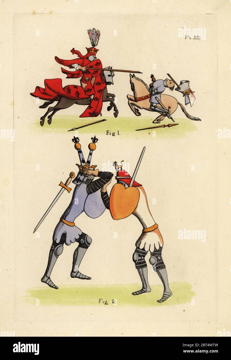 Ritter im Kampf, aus dem 14. Jahrhundert. König Heinrich V im Kampf zu Pferd im jupon oder Cote-d'Armes mit Waffen von England und Frankreich, bascinet mit panache Federn 1, und Duell zwischen englischer und französischer Ritter in jupon, Platte und Kettenhemd Rüstung, Helm mit Kamm und Schild 2. Aus der Römischen du Roy Meliadus, British Museum Manuskript hinzufügen. 12228. Papierkörbe Kupferstich von Thomas Anthony Tag und J.H. Abbildungen Dines' der mittelalterlichen Kostüm in England gesammelt aus Handschriften im Britischen Museum, Bibliotheque Nationale de Paris, Bosworth, London, 1853. Stockfoto