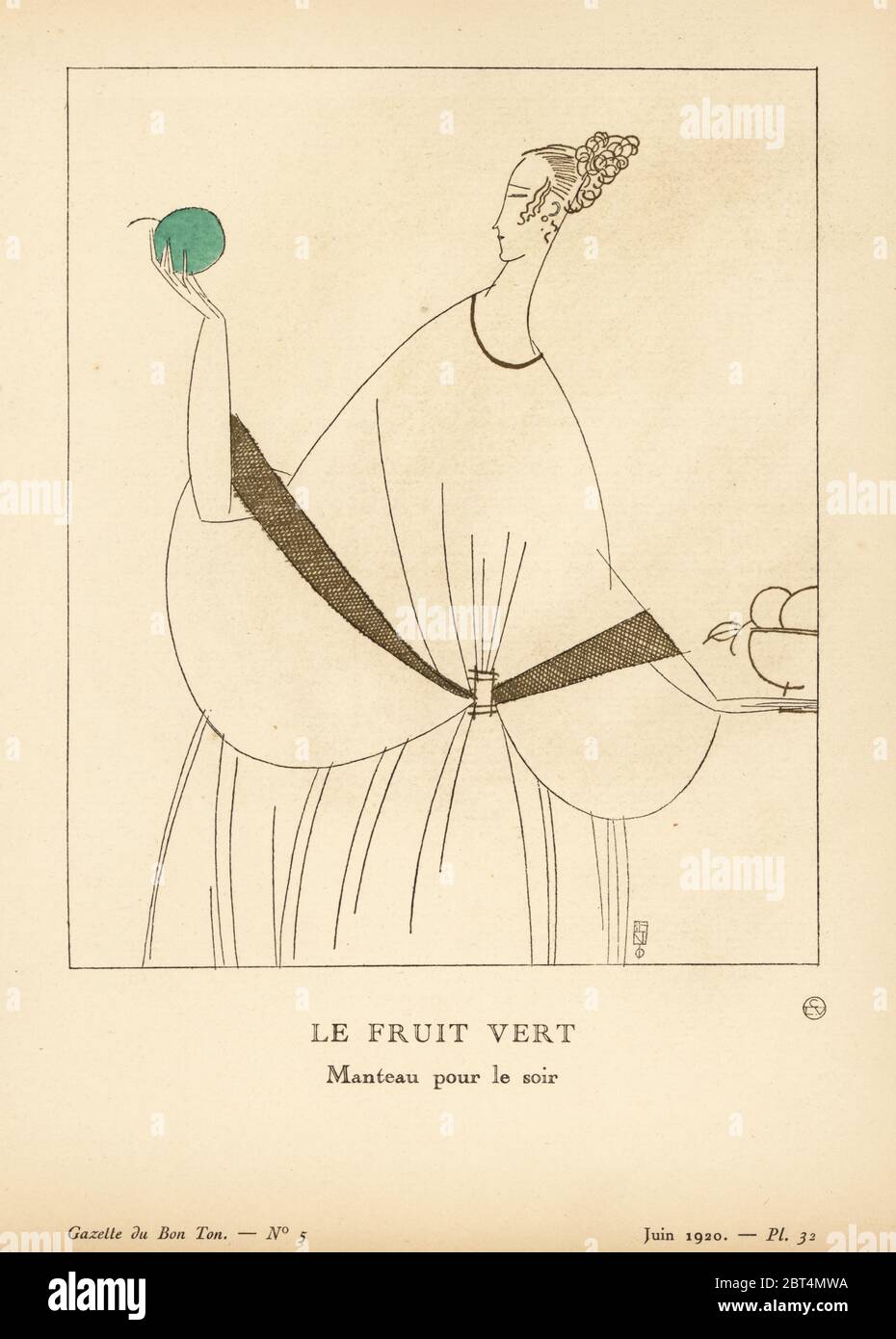 Frau in Abendumhang mit extrem breiten Ärmeln hält eine grüne Frucht. Le Fruit vert. Manteau pour le soir. UN manteau du soir en 'pelissa'. Les manches sont extremiement vastes et basses. Une broderie d'Or Court le long de l'encolure et des manches. Handkolorierte Pochorlithographie von Lucien Vogels Le Bon Genre: 100 Platten aus Gazette du Bon Ton, Brentanos, Paris, 1920. Stockfoto