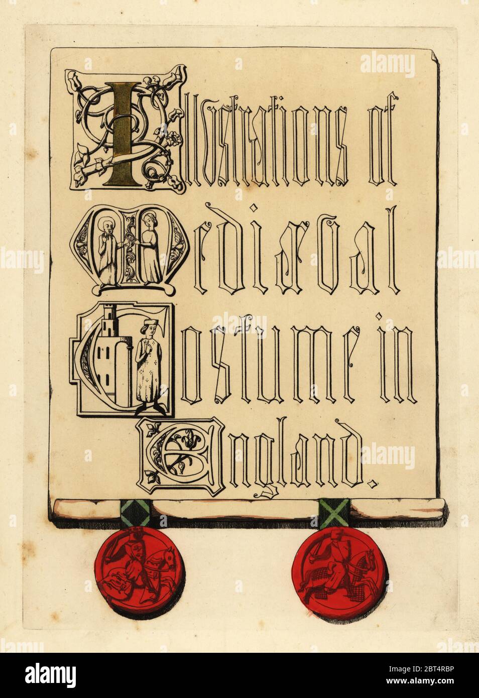 Titelseite mit leuchtschrift und roten Wachssiegel. Papierkörbe Kupferstich von Thomas Anthony Tag und J.H. Abbildungen Dines' der mittelalterlichen Kostüm in England gesammelt aus Handschriften im Britischen Museum, Bibliotheque Nationale de Paris, Bosworth, London, 1853. Stockfoto