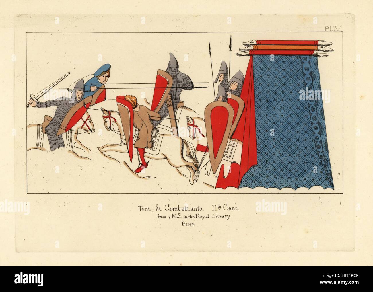 Normannische kavallerie in kettenhemden Rüstungen mit Schwertern, Schilden und Lanzen im Kampf, mit einer militärischen Zelt auf der rechten Seite. Nach einem Manuskript in der Königlichen Bibliothek, Paris. Papierkörbe Kupferstich von Thomas Anthony Tag und J.H. Abbildungen Dines' der mittelalterlichen Kostüm in England gesammelt aus Handschriften im Britischen Museum, Bibliotheque Nationale de Paris, Bosworth, London, 1853. Stockfoto