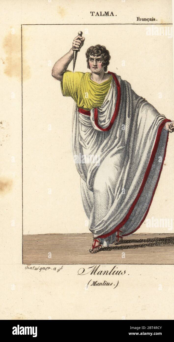 Der französische Schauspieler Francois Joseph Talma (17631826) als Manlius in Manlius Capitolinus von Antoine de la Fosse am Theater Francais. Handkolorierter Kupferstich von Chataigner aus Charles Malos Almanach des Spectacles par K. et Z, Chez Janet, Paris, 1818. Stockfoto