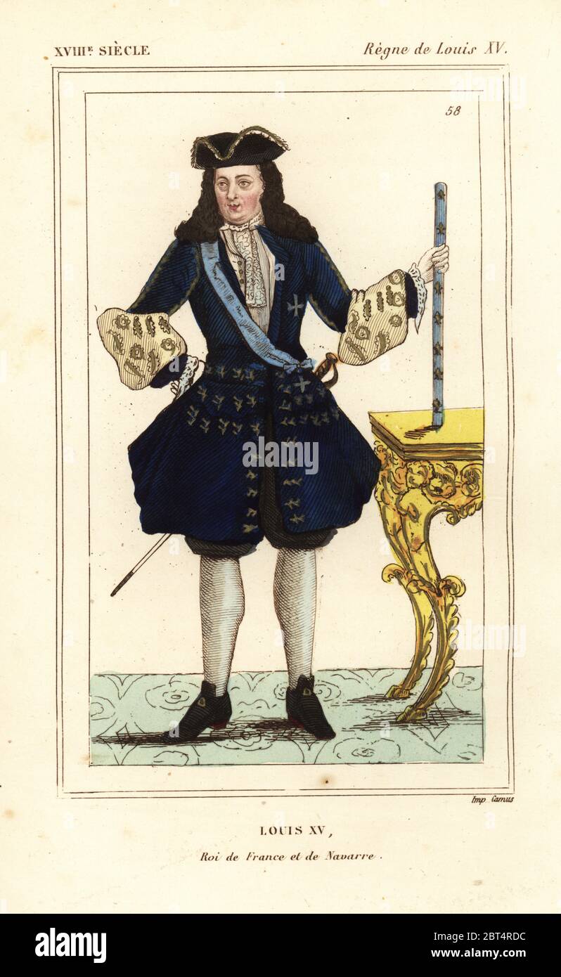 König Ludwig XV., ROI de France et de Navarre. Handkolorierte Lithographie nach einem zeitgenössischen Porträt in Versailles aus Le bibliophile Jacob aka Paul Lacroix's Costumes Historiques de la France (Historische Kostüme Frankreichs), Administration de Librairie, Paris, 1852. Stockfoto