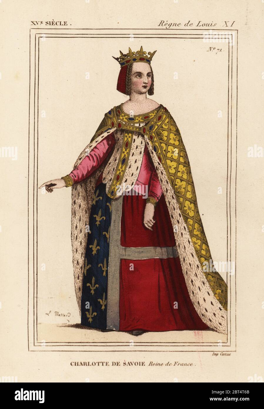 Charlotte von Savoyen, Königin von Frankreich, 1445-1483. Sie trägt ihr Haar geflochten auf beiden Seiten des Gesichts unter einer Krone, Hermelin surcot über ein Gewand mit dem Wappen Wappen von Savoyen und Frankreich. Papierkörbe Lithographie von Leopold Massard nach einem Buntglasfenster in der Kirche des Couvent de l'Ave Maria in Paris Roger de Gaignieres' portfolio VII 4 von Le Bibliophile Jakob aka Paul Lacroix's Kostüme Historiques de la France (Historische Kostüme von Frankreich), Verwaltung de Librairie, Paris, 1852. Stockfoto