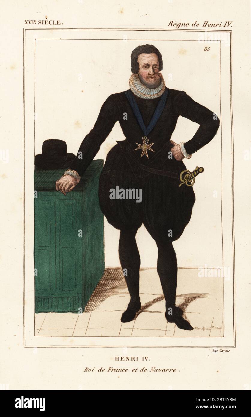 König Heinrich IV. von Frankreich und Navarra. Er trägt das Kreuz des Ordens des Heiligen Geistes auf seine Brust. Gezeichnet und Lithographiert von Alexandre Massard nach einem Portrait in Roger de Gaignieres' Gallery portfolio X2 von Le Bibliophile Jakob aka Paul Lacroix's Kostüme Historiques de la France (Historische Kostüme von Frankreich), Verwaltung de Librairie, Paris, 1852. Stockfoto