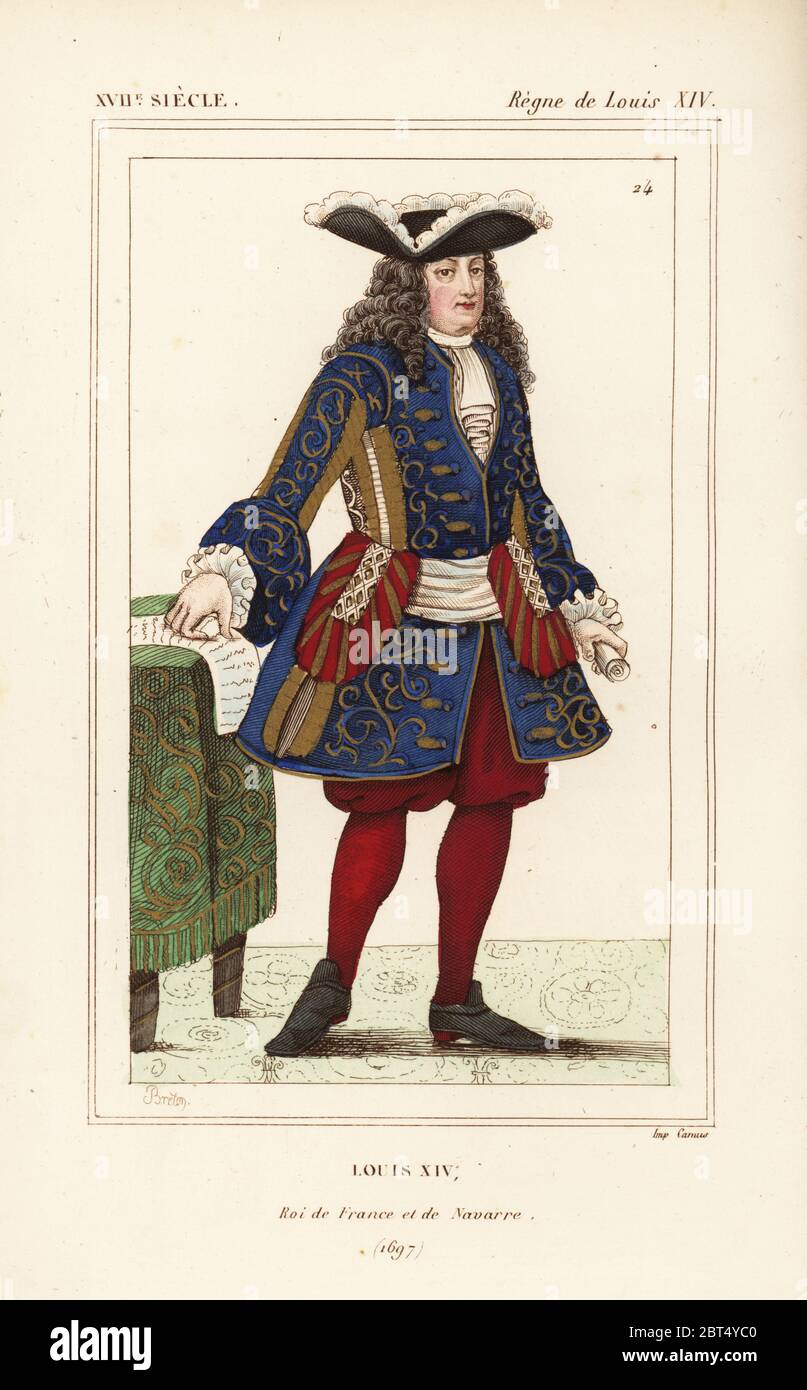 König Ludwig XIV., ROI de France et de Navarre, 1697. Handkolorierte Lithographie von Breton nach einem Druck von Bonnard aus Le bibliophile Jacob aka Paul Lacroix's Costumes Historiques de la France (Historische Kostüme Frankreichs), Administration de Librairie, Paris, 1852. Stockfoto