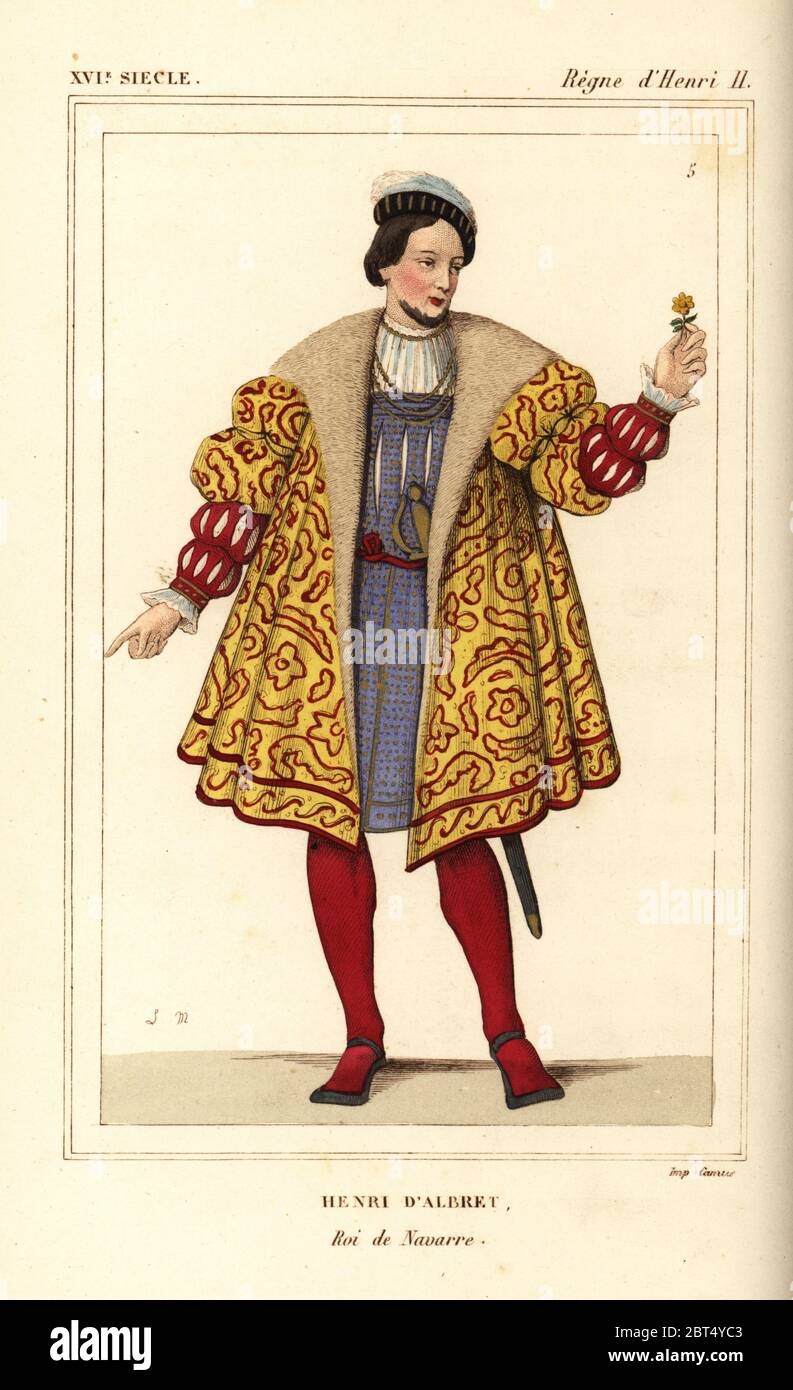 König Heinrich II. von Navarra. Henri d'Albert, König von Navarra 1505-1555, Herrschaft von König Heinrich II. von Frankreich. Er hält einen Daisy oder Marguerite. Papierkörbe Lithographie von Leopold Massard nach einer Miniatur in Roger de Gagnieres" Portfolio von Le Bibliophile Jakob aka Paul Lacroix's Kostüme Historiques de la France (Historische Kostüme von Frankreich), Verwaltung de Librairie, Paris, 1852. Stockfoto