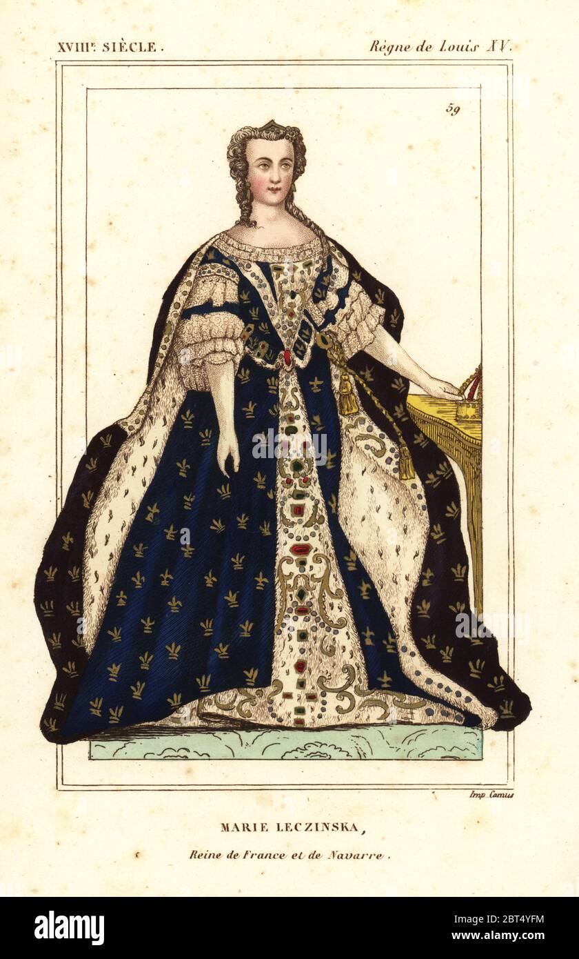 Marie Leczinska, Königin von Frankreich und Navarra, Ehefrau von König Ludwig XV Handkolorierte Lithographie nach einem Porträt im Chateau de Luneville aus Le bibliophile Jacob aka Paul Lacroix's Costumes Historiques de la France (Historische Kostüme Frankreichs), Administration de Librairie, Paris, 1852. Stockfoto