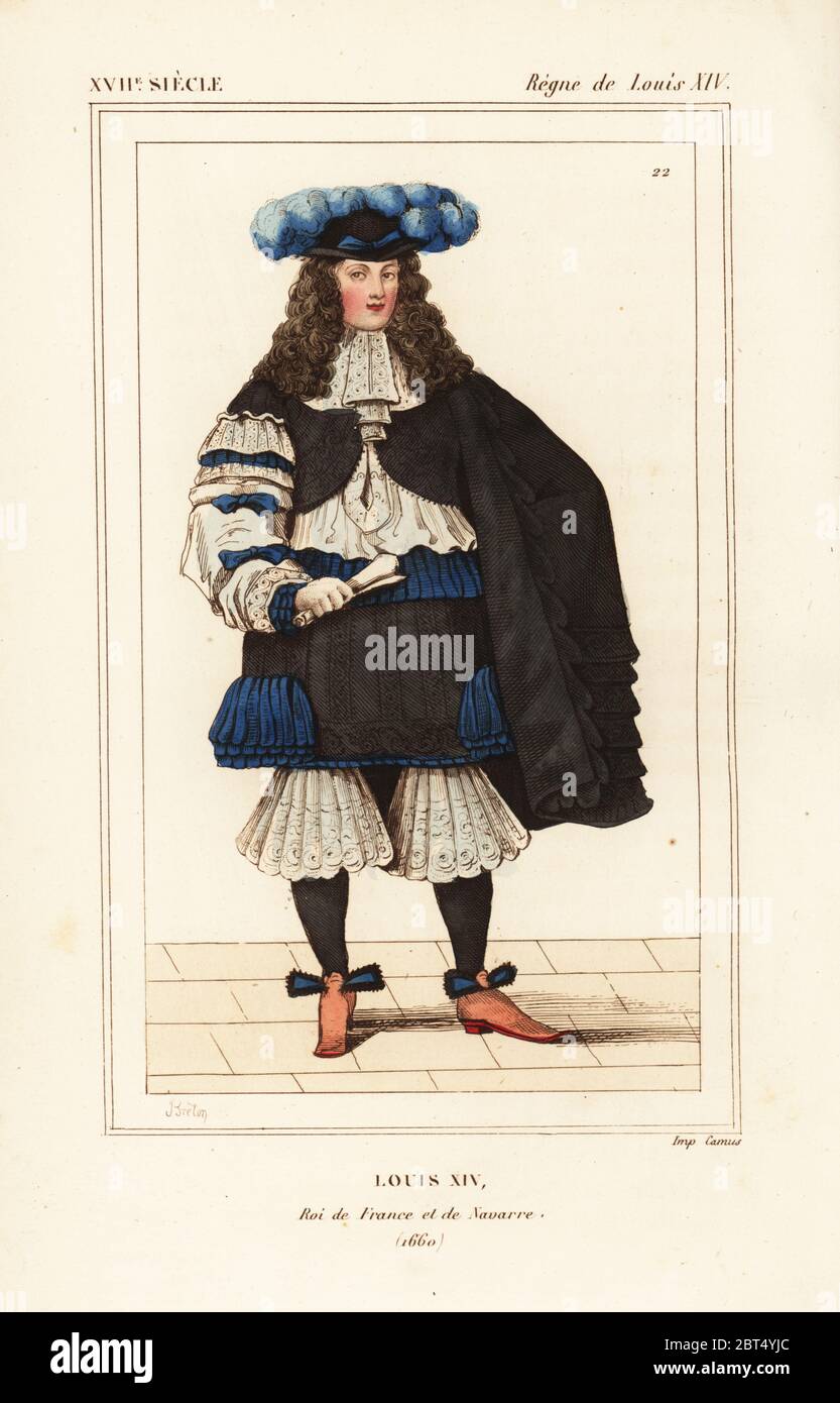 König Ludwig XIV., ROI de France et de Navarre, 1660. Handkolorierte Lithographie von Breton nach einem Porträt in Roger de Gaignieres' Galeriemappe X 49 aus Le bibliophile Jacob aka Paul Lacroix's Costumes Historiques de la France (Historische Kostüme Frankreichs), Administration de Librairie, Paris, 1852. Stockfoto