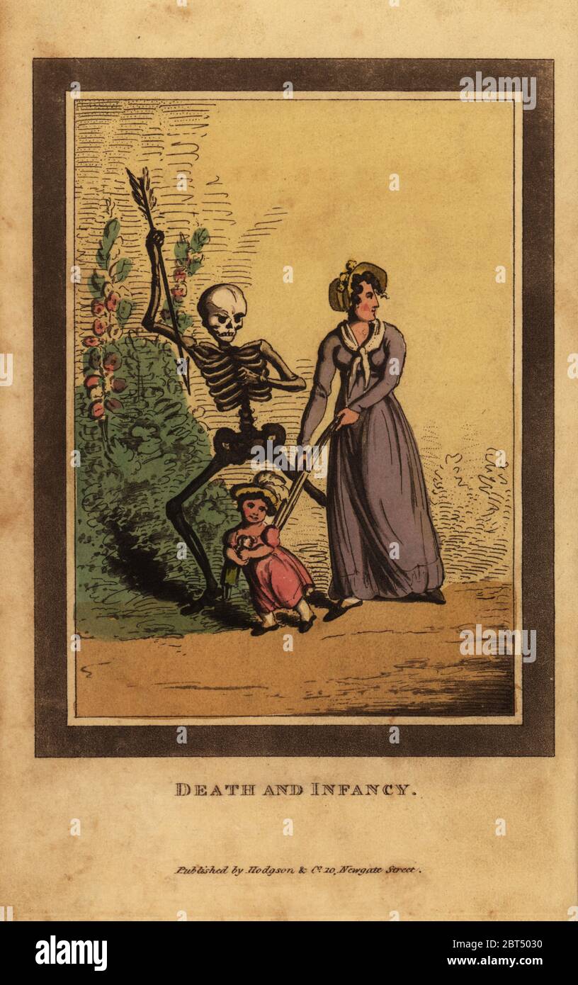 Das Totenskelett zielt auf ein Kind, das mit seiner Mutter in einem Garten geht. Tod und Kindheit. Handkolorierter Kupferstich von Joshua Gleadah nach einer Illustration von Benedictus Antonio Van Assen aus dem British Dance of Death, Hodgson, London, 1823. Stockfoto