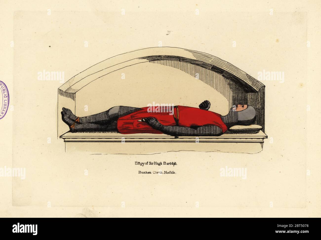 Bildnis von Sir Hugh Bardolph, 1259-1304, Banham Kirche, Norfolk. Er trägt eine surcoat über eine Klage von Kettenhemden mit Chappelle de Fer (Helm), die Beine gekreuzt, um zu zeigen, dass er ein kreuzritter war. Papierkörbe Kupferstich von Thomas Anthony Tag und J.H. Abbildungen Dines' der mittelalterlichen Kostüm in England gesammelt aus Handschriften im Britischen Museum, Bibliotheque Nationale de Paris, Bosworth, London, 1853. Stockfoto