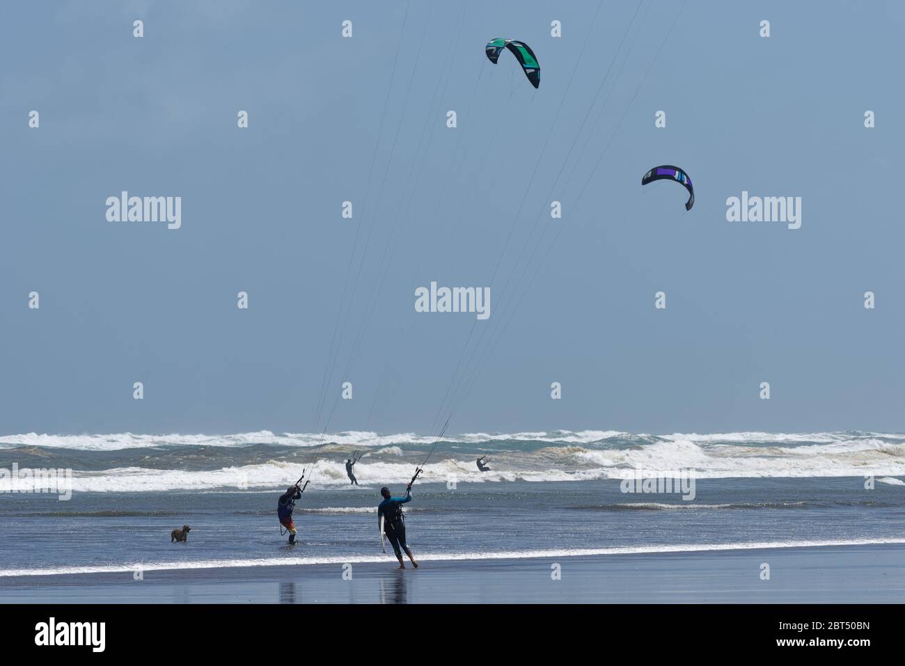 Kite Surfer am Strand und im Wasser unter klarem Himmel an einem windigen Tag Stockfoto