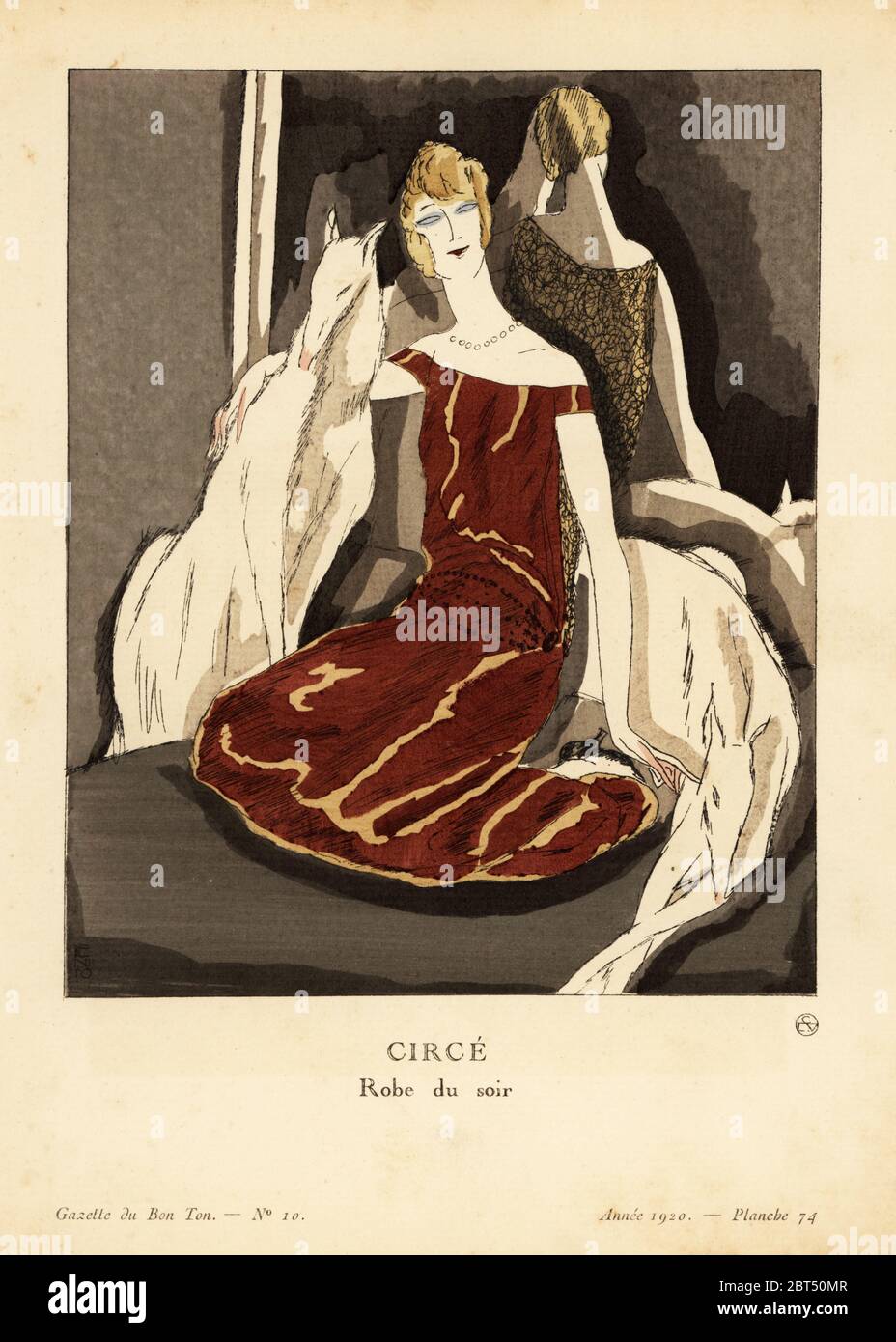 Frau mit zwei Barsoi-Hunden. Das Abendkleid hat eine Satinfront und kupferfarbene Spitze zurück. Circe. Robe du soir, dont le devant est de Satin uni, et les dos de dentelle couleur cuivre. Handkolorierte Pochorlithographie von Edouardo Garcia Benito aus Lucien Vogels Le Bon Genre: 100 Platten aus Gazette du Bon Ton, Brentanos, Paris, 1922. Stockfoto