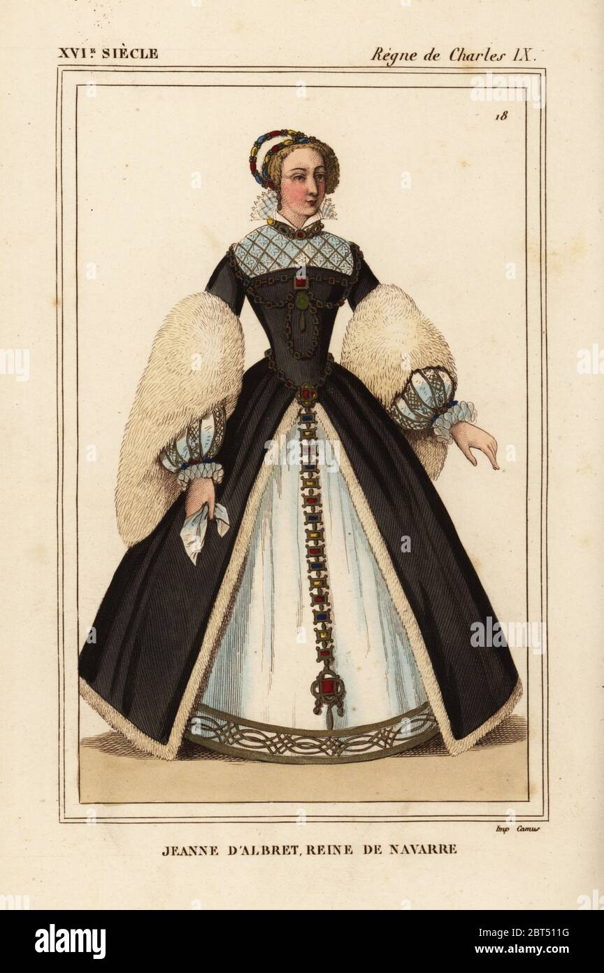 Jeanne d'Albret, Jeanne II., Königin von Navarra, Regierungszeit von König Karl IX. Von Frankreich. Handkolorierte Lithographie nach einem Porträt in Roger de Gaignieres' Galeriemappe IX 17 aus Le bibliophile Jacob aka Paul Lacroix's Costumes Historiques de la France (Historische Kostüme Frankreichs), Administration de Librairie, Paris, 1852. Stockfoto