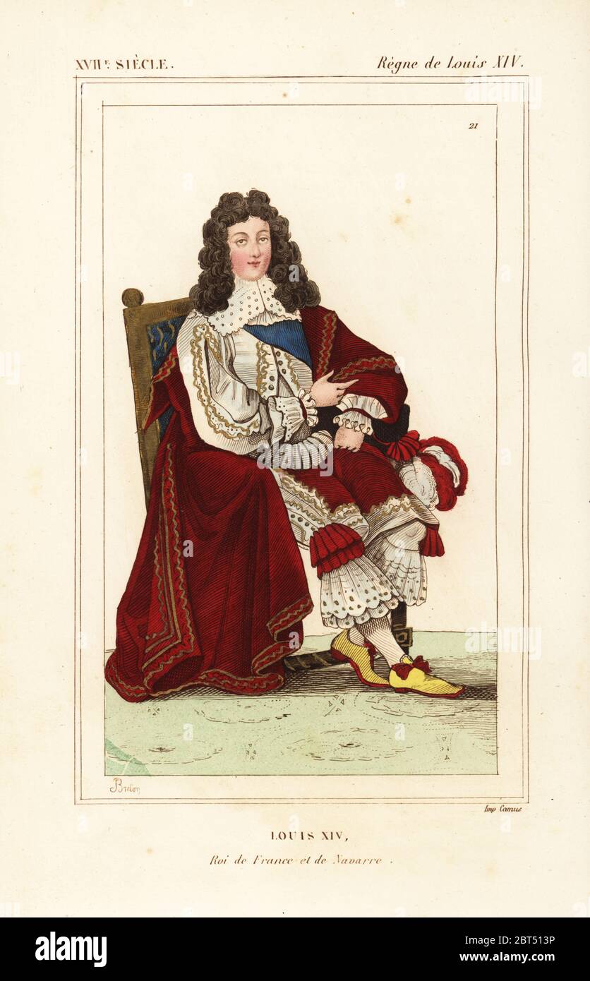 König Ludwig XIV., ROI de France et de Navarre. Handkolorierte Lithographie von Breton nach einem Porträt in Roger de Gaignieres' Galeriemappe X 47 aus Le bibliophile Jacob aka Paul Lacroix's Costumes Historiques de la France (Historische Kostüme Frankreichs), Administration de Librairie, Paris, 1852. Stockfoto
