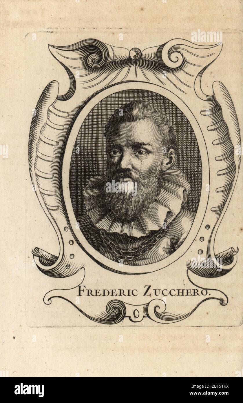 Porträt Federico Zuccari, italienischer manieristischer Maler und Architekt, 1540-1609. Frederic Zucchero. Kupferstich von Antoine-Joseph Dezallier dArgenvilles Abrege de la vie des plus fameux peintres, lebt von den berühmtesten Künstlern, de Bure Laine, Paris, 1762. Stockfoto