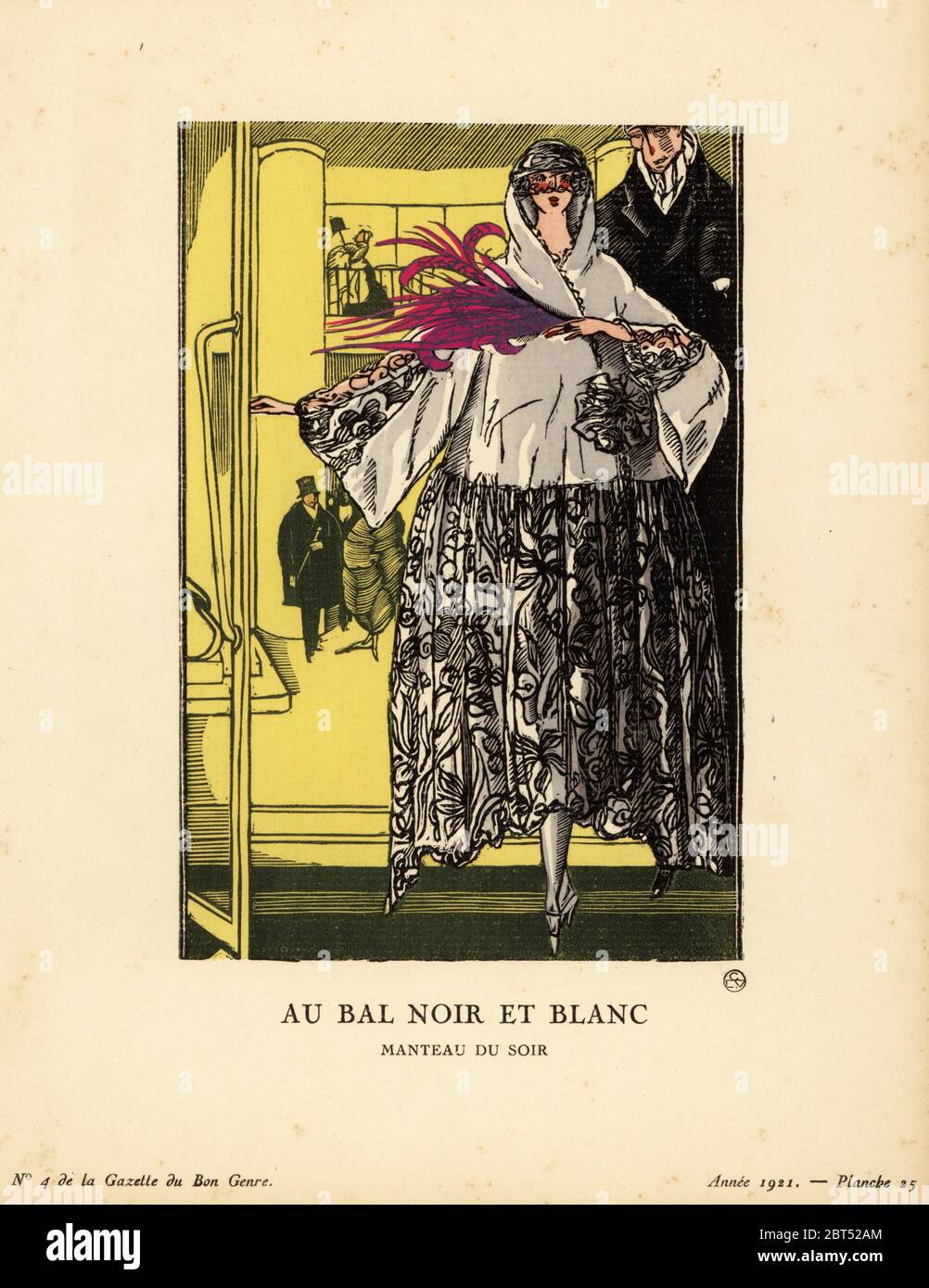 Frau in großem Umhang, die einen großen Ball verlässt. Das Cape ist aus weißem Satin mit schwarzer Chantilly Spitze verziert. Der Schwarz-Weiß-Ball fand im Mai 1921 im Theater Champs-Elysees statt, das von der Marquise de Polignac organisiert wurde. Au bal Noir et Blanc. CE manteau du soir est de Satin Blanc, tout garni de chantilly. Nous avons place la scene a la sortie de ce bal noir et Blanc, Premier des quatre bals des quatre vendredi de Mai, organisiert par la Marquise de Polignac au Theatre des Champs-Elysees. Handkolorierte Pochorlithographie von Fernand Simeon aus Lucien Vogels Le Bon Genre: 100 Platten aus Gazette d Stockfoto