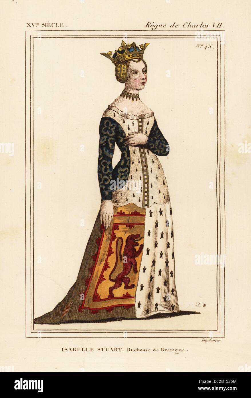 Isabella Stewart oder Isabelle Stuart, Herzogin der Bretagne, die Ehefrau von Franz I., le Bien-Aime, Herzog von Bretagne, Graf von Richmond, 1426-1499. Sie trägt ein Kleid mit Hermelin surcot Wappen auf die Röcke. Papierkörbe Lithographie von Leopold Massard nach einer Miniatur in ein paar Stunden in Roger de Gaignieres' portfolio VI 36 von Le Bibliophile Jakob aka Paul Lacroix's Kostüme Historiques de la France (Historische Kostüme von Frankreich), Verwaltung de Librairie, Paris, 1852. Stockfoto