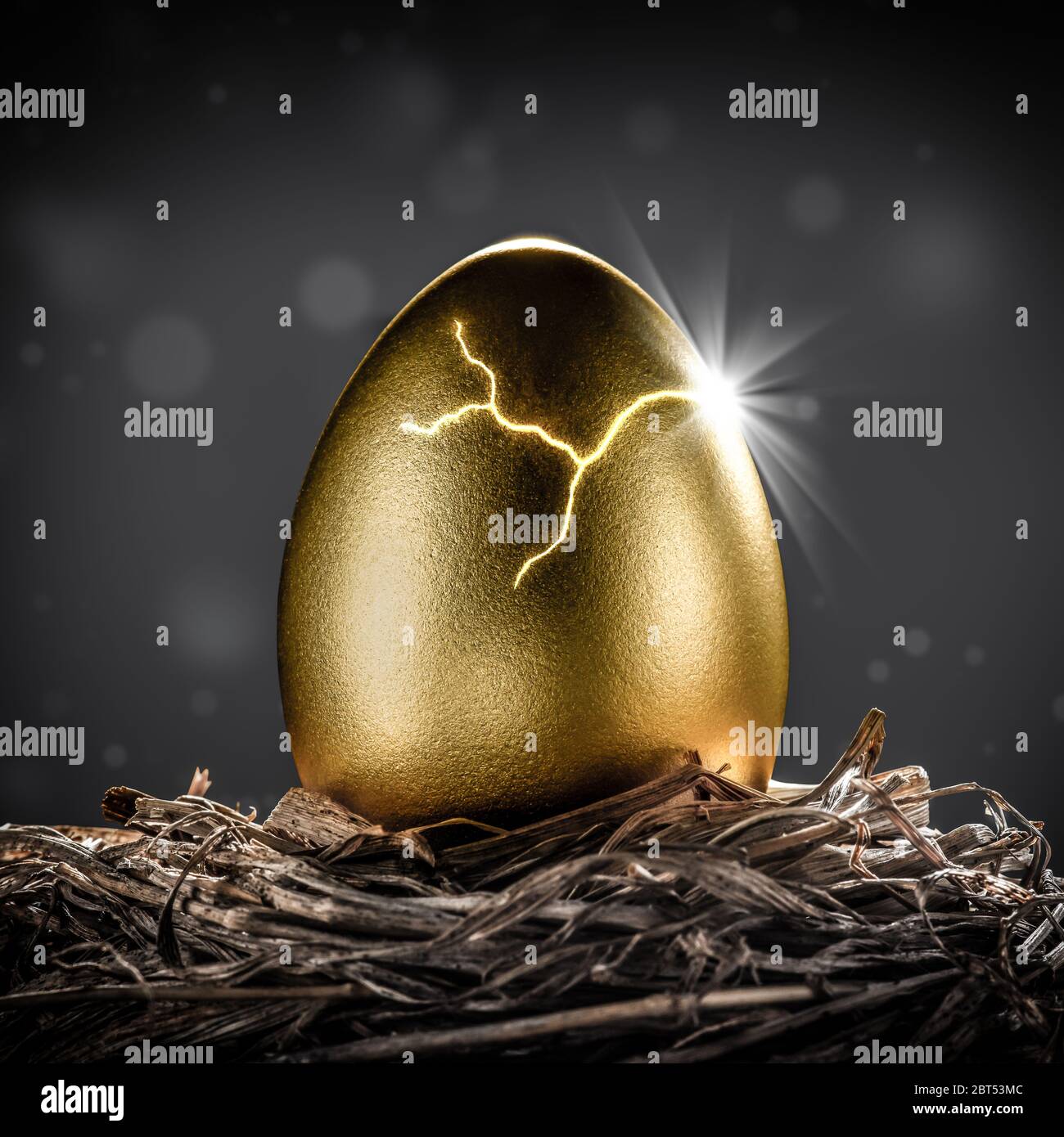 Glänzendes Golden Nest Ei Öffnet Sich Mit Burst Of Light - Investment Reifegrad Konzept Stockfoto