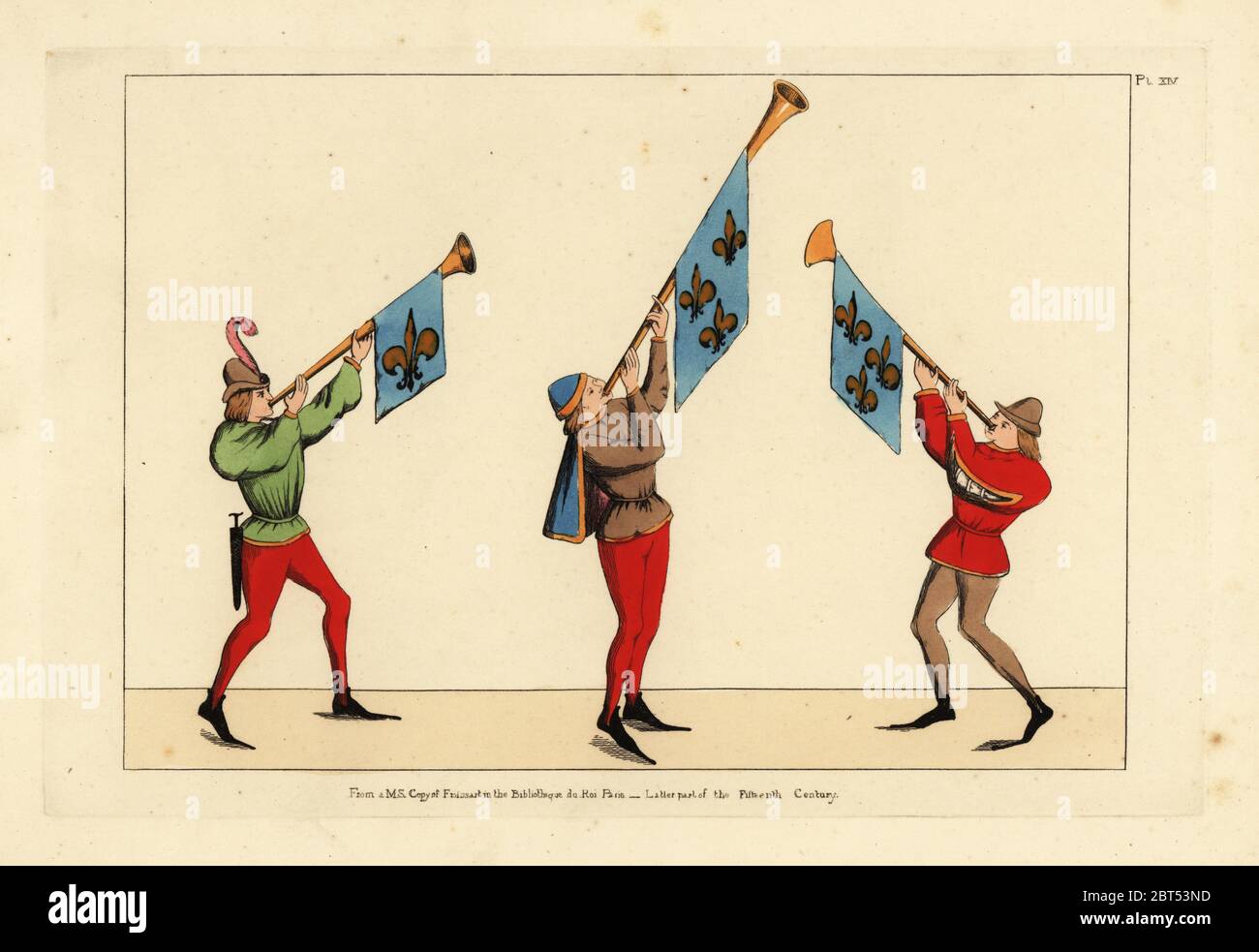 Drei läutet mit Trompeten mit fleur-de-lis Standards geschmückt, aus dem 15. Jahrhundert. Sie tragen kleine Kappen, kurze Kape über kurze Tuniken, eines mit zerschnitt Ärmel, Schlauch und lange spitze Schuhe. Nach einem Manuskript kopieren der Chronik des Jean Froissart in der Bibliothèque du Roi, Paris, Ende des 15. Jahrhunderts. Papierkörbe Kupferstich von Thomas Anthony Tag und J.H. Abbildungen Dines' der mittelalterlichen Kostüm in England gesammelt aus Handschriften im Britischen Museum, Bibliotheque Nationale de Paris, Bosworth, London, 1853. Stockfoto