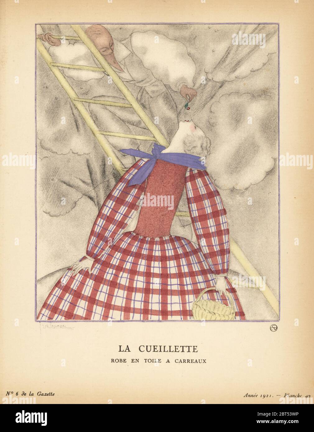 Frau im Karo-Kleid mit blauem Leinentuch, lehnend zurück, um die Kirsche von der Figur auf der Leiter im Rauch zu empfangen. La Cueillette. Robe en toile a carreaux. Voici une vraie robe de campagne, en toile a mouchoirs, Mais oui. Les manches et la jupe, tres amples, sont froncees sur un corsage de toile unie. Petit fichu de linon bleu. Handkolorierte Pochorlithographie von Georges Lepape aus Lucien Vogels Le Bon Genre: 100 Platten aus Gazette du Bon Ton, Brentanos, Paris, 1921. Stockfoto