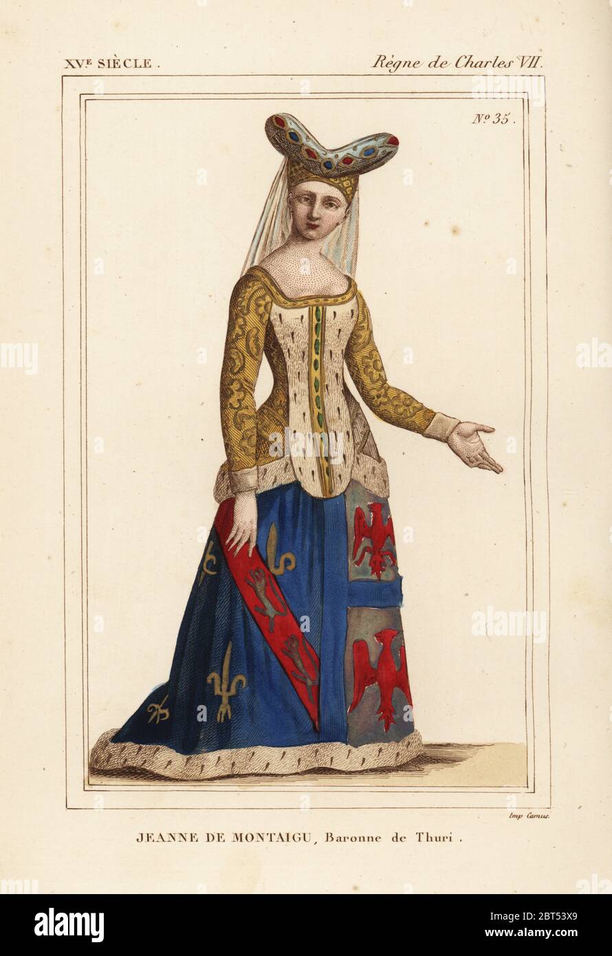 Jeanne de Montagu, Ehefrau von Jacques de Bourbon, Baron de Thuri, d. 1420. Sie trägt ein bourrelet oder Baskenmütze, Hermelin surcot, und Rock mit ihrem Wappen verziert. Papierkörbe Lithografie nach einem Buntglasfenster in der Kirche der Celestines in Marcoussis in Roger de Gaignieres' portfolio VI 28 von Le Bibliophile Jakob aka Paul Lacroix's Kostüme Historiques de la France (Historische Kostüme von Frankreich), Verwaltung de Librairie, Paris, 1852. Stockfoto