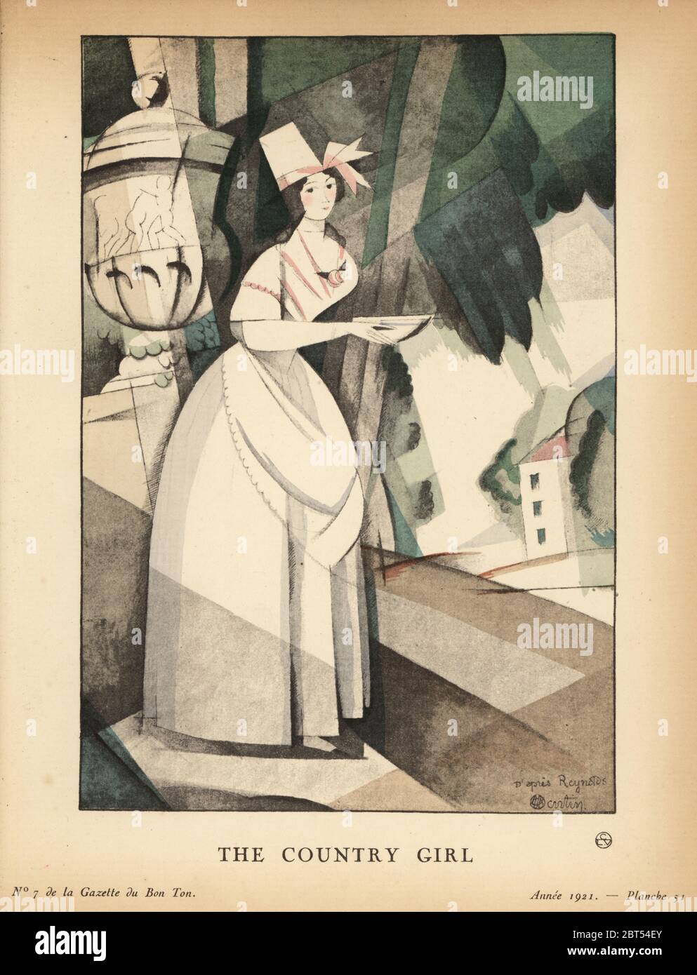 Country-Girl Outfit mit hohem Hut von Reynolds. Das Country Girl. La simplicite de la Toilette de la fille des champs de Reynolds est toujours a la Mode. Le haut Chapeau, surtout, am bezauberndsten. Handkolorierte Pochorlithographie von Charles Martin aus Lucien Vogels Le Bon Genre: 100 Platten aus Gazette du Bon Ton, Brentanos, Paris, 1922. Stockfoto