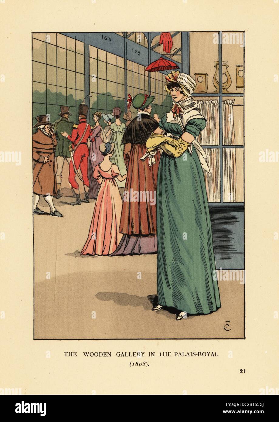 Modische Frau beim Einkaufen in der Holzgalerie im Palais Royal, Paris, 1803. Familie schaut in einem Uhrengeschäft Fenster. Schilder für Regenschirme und Handschuhläden. Handkolorierte Lithographie von R.V. nach einer Illustration von Francois Courboin aus Octave Uzannes Fashion in Paris, William Heinemann, London, 1898. Stockfoto