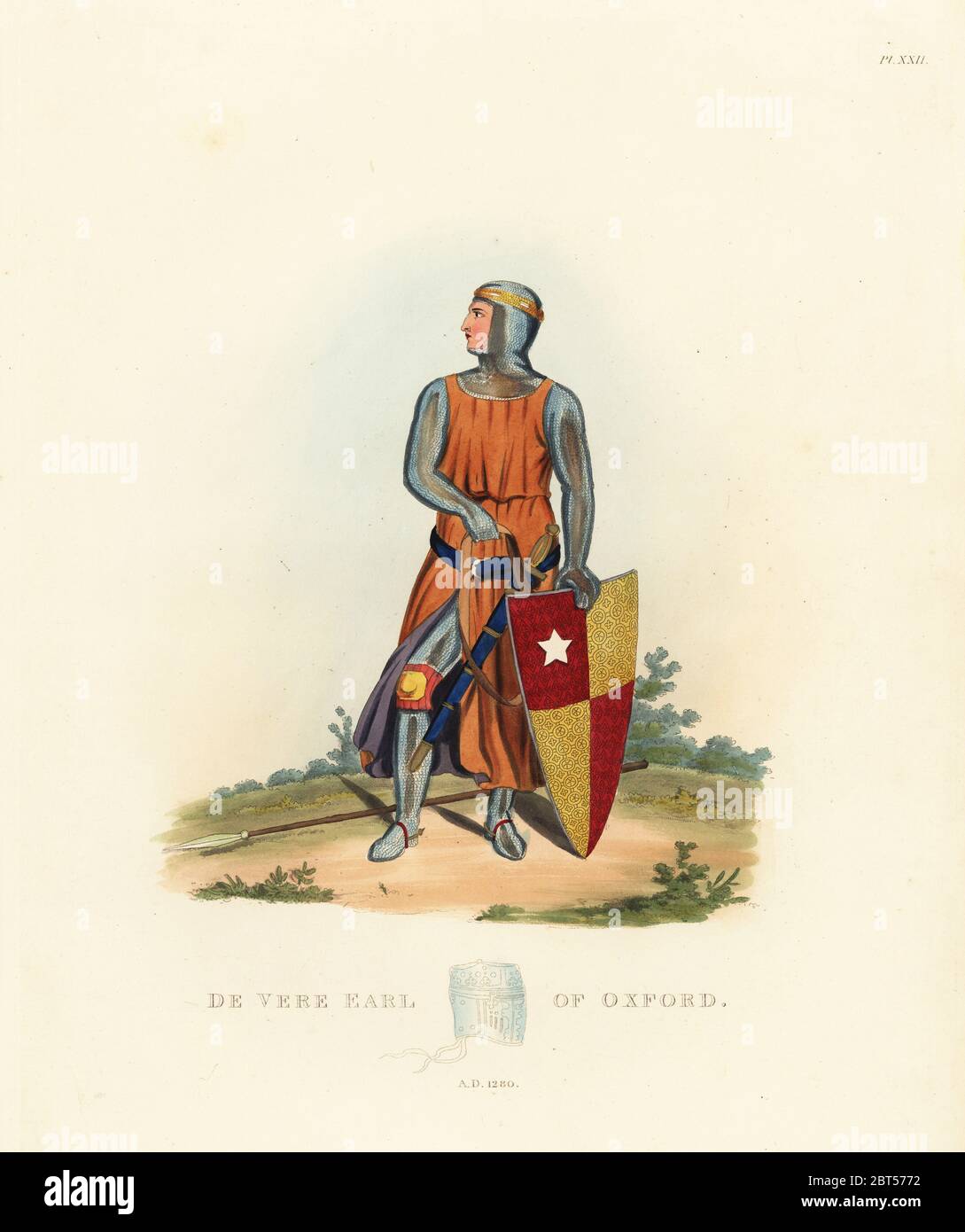 De Vere, Earl of Oxford, 1280. Ritter in kettenhemden Kettenhemd und Tunika, mit Knie poleyns, Schwert, Lanze und Schild mit Wappen. Von einem Denkmal in Hatfield Broadoak Kirche. Papierkörbe Lithographie nach einer Zeichnung von S.R. Meyrick von Sir Samuel Rush Meyrick ist eine kritische Untersuchung Antient Rüstung, John dowding, London, 1842. Stockfoto