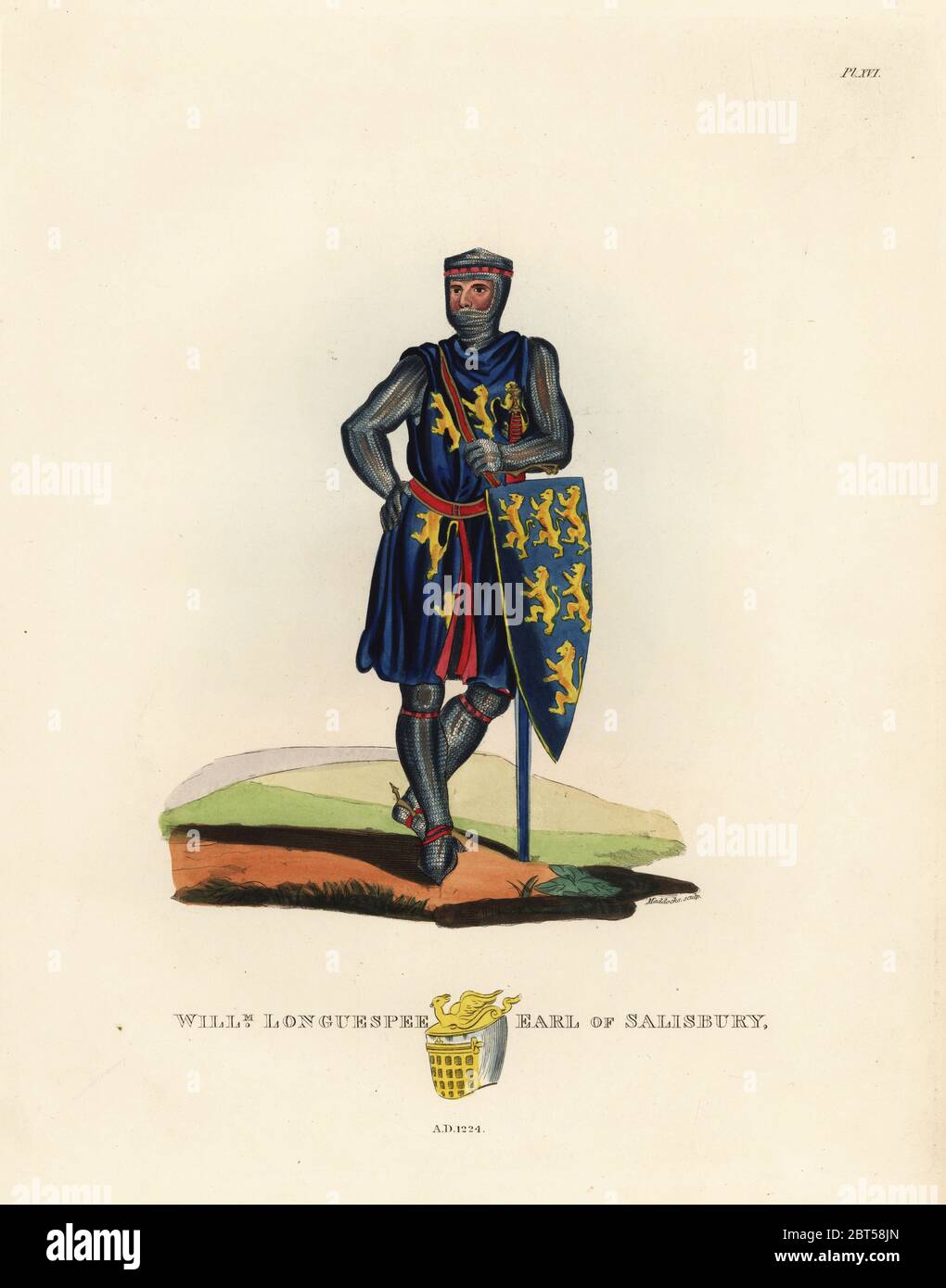 William Longuespee, langes Schwert, Third Earl of Salisbury, 1176-1224. In kettenhemden Haube, deckt den Mund, Kettenhemd, chausses, Sporen. Er trägt eine Tunika und Wappen Wappen von sechs Löwen zügellos auf seinem Schild. Papierkörbe Lithographie von maddocks nach einer Abbildung von S.R. Meyrick von Sir Samuel Rush Meyrick ist eine kritische Untersuchung Antient Rüstung, John dowding, London, 1842. Stockfoto