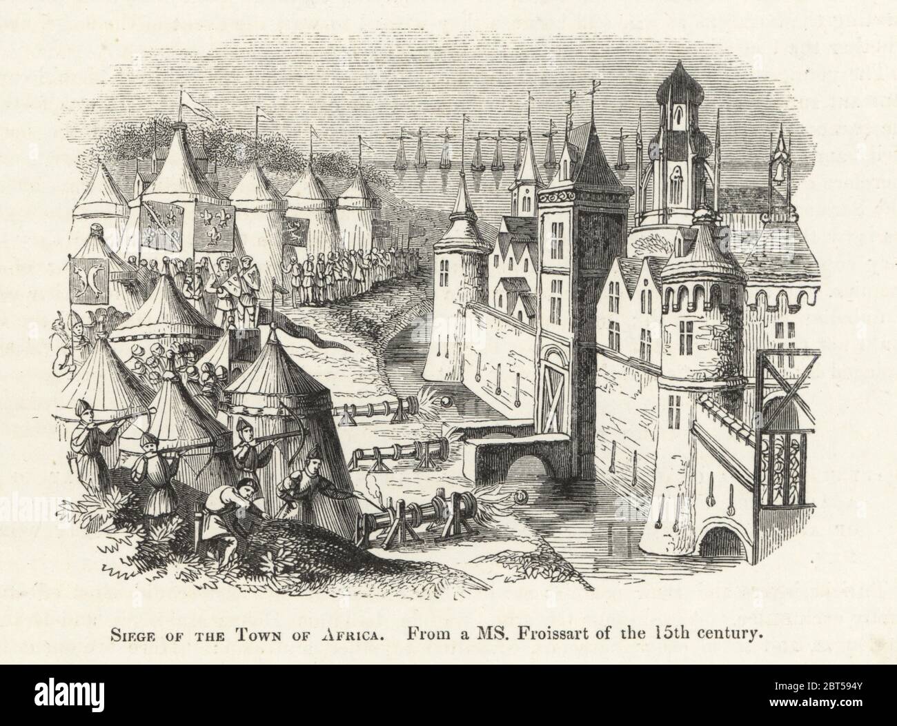 Die Belagerung von Mahdia, Tunesien, 1390. Französisch und Englisch Kräfte lagerten außerhalb der Burg Stadt Angriff mit Kanone und Armbrust. Holzschnitt nach einem beleuchteten Manuskript von Sir John's Froissart Chroniken von England, Frankreich, Spanien und den angrenzenden Ländern, von der zweiten Hälfte der Regierungszeit von Edward II. an der Krönung von Heinrich IV., George Routledge, London, 1868. Stockfoto