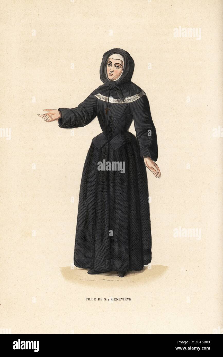 Schwester der Kongregation von Frankreich, oder Genovefain, gegründet in der Abtei von Saint Genevieve, Kongregation von Frankreich, fille de Ste. Genf. Handkolorierter Holzschnitt nach einer Illustration von Jacques Charles Bar aus Abt Tirons Historiire et Costumes des Ordres Religieux, Librairie Historique-Artistique, Brüssel, 1845. Stockfoto