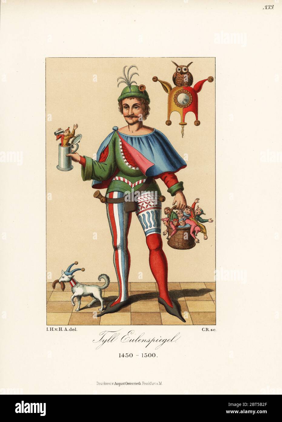 Tyll Eulenspiegel, 15. Jahrhundert Deutsche chapbook Held und Scatological Schelm. In bunten Wams, Cape und Schlauch, mit Korb und Tankard der Narren. Von einer Farbe Zeichnung in einem Reiseführer. Von Hefner-Alteneck Chromolithograph's Kostüme, Kunstwerke und Geräte vom Mittelalter bis in das 17. Jahrhundert, Frankfurt, 1889. Illustration von Dr. Jakob Heinrich von Hefner-Alteneck, Lithographiert von C.R. Dr. Hefner-Alteneck (1811 - 1903) war eine Deutsche, die die Kuratorin des Museums, Archäologe, Kunsthistoriker, Zeichner und Kupferstecher. Stockfoto