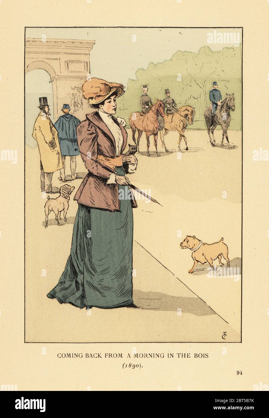 Rückkehr von einem Morgen im Bois de Boulogne, 1890. Modische Frau in Jacke und Rock, mit Hut und Sonnenschirm, die mit Hunden entlang der Avenue Foch in Richtung Arc de Triomphe geht. Handkolorierte Lithographie von R.V. nach einer Illustration von Francois Courboin aus Octave Uzannes Fashion in Paris, William Heinemann, London, 1898. Stockfoto