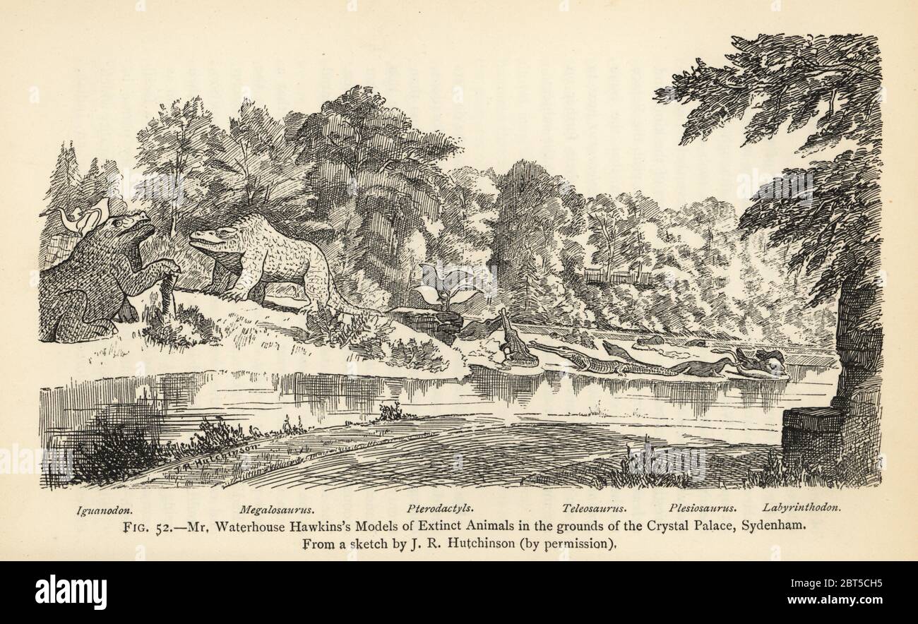 Benjamin Waterhouse Hawkins Modelle ausgestorbener Tiere auf dem Gelände des Crystal Palace, Sydenham. Iguanodon bernissartensis, Megalosaurus bucklandii, Pterodactylus antiquus, Teleosaurus cadomensis, Plesiosaurus dolichodeirus und Mastodonsaurus jaegeri (Labyrinthodon). Gravur nach einer Illustration von J.R. Hutchinson aus Henry Neville Hutchinson Kreaturen anderer Tage, Popular Studies in Paläontologie, Chapman and Hall, London, 1896. Stockfoto