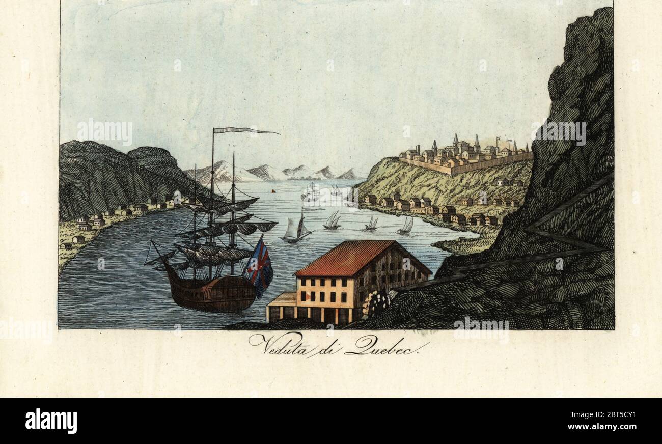 Ansicht der Stadt von Quebec, Kanada, auf dem Sankt-Lorenz-Strom, 1805. Segelschiffe in der Bucht und eine Wassermühle im Vordergrund. Veduta di Quebec. Papierkörbe Kupferstich nach Giulio Ferrario in seine Kostüme Antike und Moderne der Völker der Welt, Il Kostüm Antico e Moderno, Florenz, 1837. Stockfoto