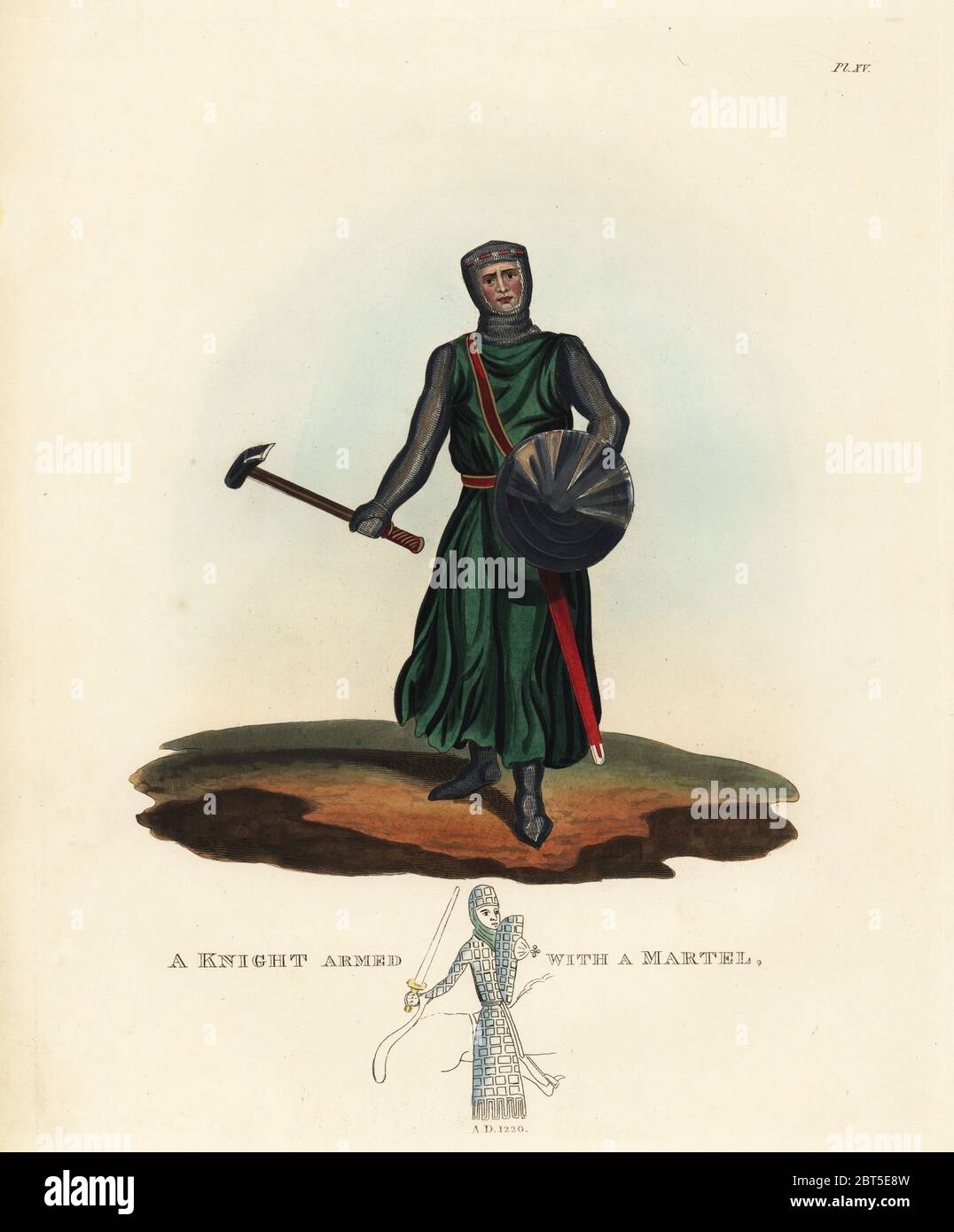 Ein Ritter bewaffnet mit einem martel, 1220. Er trägt ein kettenhemd Kettenhemd, Haube, chausses, und trägt ein Schild und martel de Fer (Krieg Hammer). Papierkörbe Lithographie nach einer Zeichnung von S.R. Meyrick von Sir Samuel Rush Meyrick ist eine kritische Untersuchung Antient Rüstung, John dowding, London, 1842. Stockfoto
