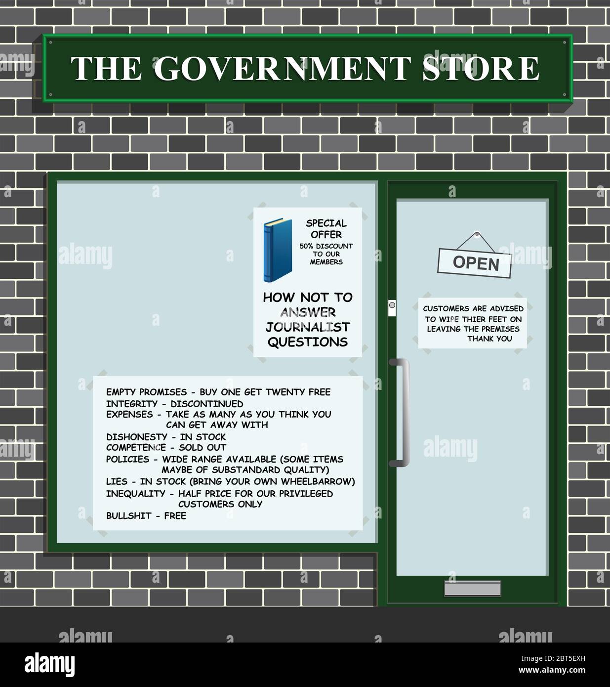 Komische Regierung speichern, wo Politiker alle notwendigen Eigenschaften erhalten können, um ein Mitglied des Parlaments zu werden und der Öffentlichkeit zu dienen Stockfoto