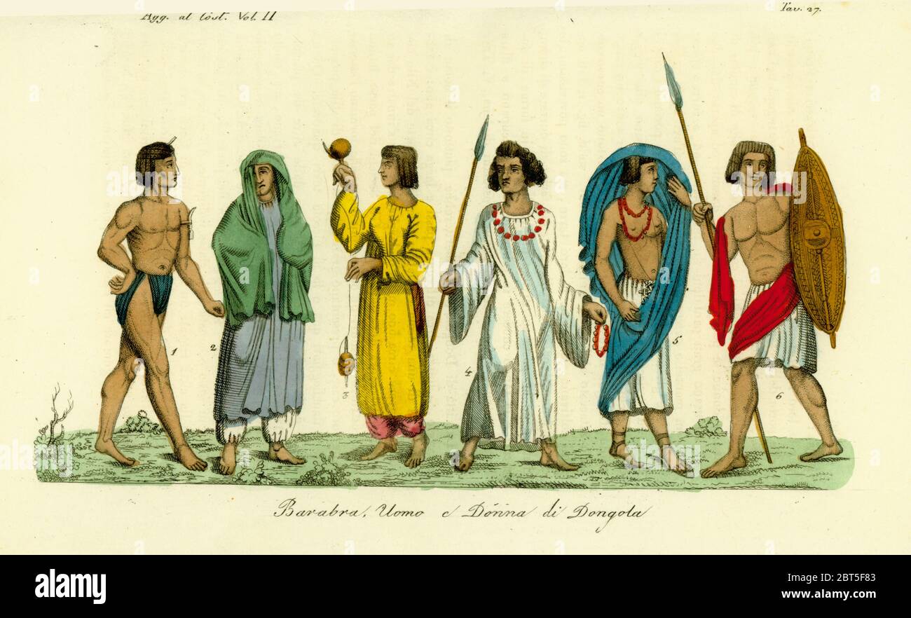 Kostüme von Männern und Frauen der nubischen Menschen (Barabra) von Dongola (Dunqulah). Mann im lendenschurz 1, Frauen in Schleier 2,5, Frau Spinnen 3, Mann mit Speer 4 und Krieger mit Speer und Schild 6. Papierkörbe Kupferstich von Giulio Ferrario's Kostüme Antike und Moderne der Völker der Welt, Florenz, 1834. Stockfoto