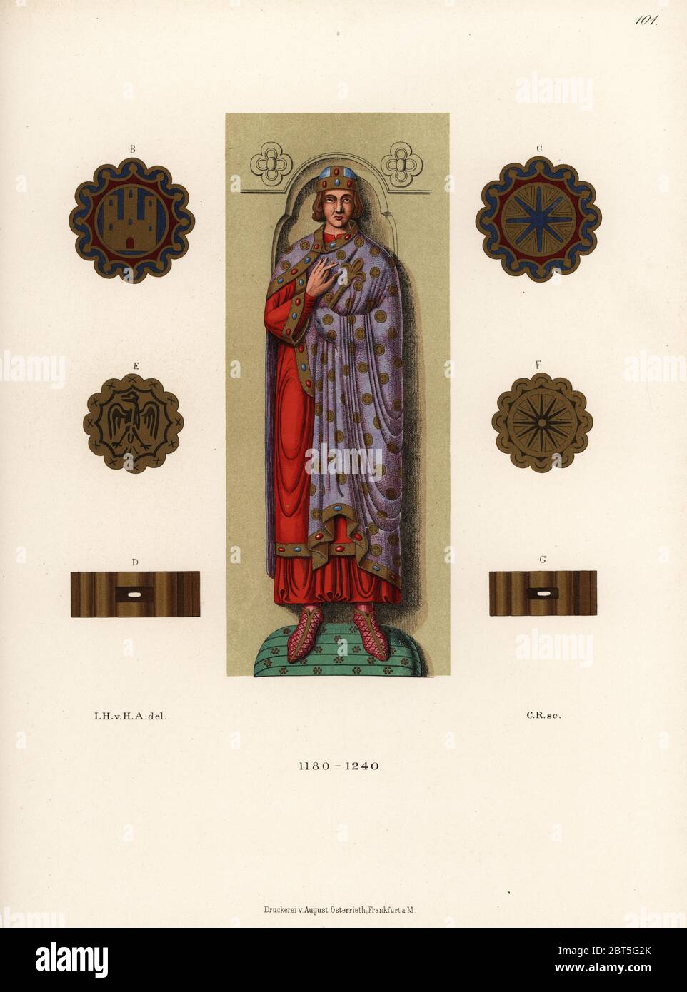 Kostüm für einen Fürsten, 12. Jahrhundert, und Schwert hilts, etc. Chromolithograph von Hefner-Alteneck's Kostüme, Kunstwerke und Geräte vom Mittelalter bis in das 17. Jahrhundert, Frankfurt, 1889. Illustration von Dr. Jakob Heinrich von Hefner-Alteneck, Lithographiert von C.R. Dr. Hefner-Alteneck (1811 - 1903) war eine Deutsche, die die Kuratorin des Museums, Archäologe, Kunsthistoriker, Zeichner und Kupferstecher. Stockfoto