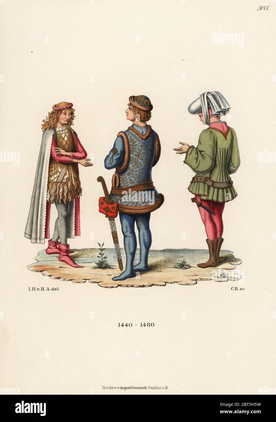 Herrenkostüme der Mitte des 15. Jahrhunderts. Junger Mann im Doppelarm mit langen Ärmeln aus einem sächsischen Abstammungsbuch, Adliger im Tracht des Niederrheins aus einem Gemälde der Van Eyck Schule und italienische Mode aus der Pietro Perugino Ära aus einer Berliner Kupferstiche-Kollektion. Chromolithographie von Hefner-Altenecks Kostümen, Kunstwerken und Geräten vom Mittelalter bis zum 17. Jahrhundert, Frankfurt, 1889. Illustration von Dr. Jakob Heinrich von Hefner-Alteneck, lithographiert von C.R. Dr. Hefner-Alteneck (1811 - 1903) war deutscher Museumskurator, Archäologe, Kunsthistoriker, Illustrator und Radierer. Stockfoto