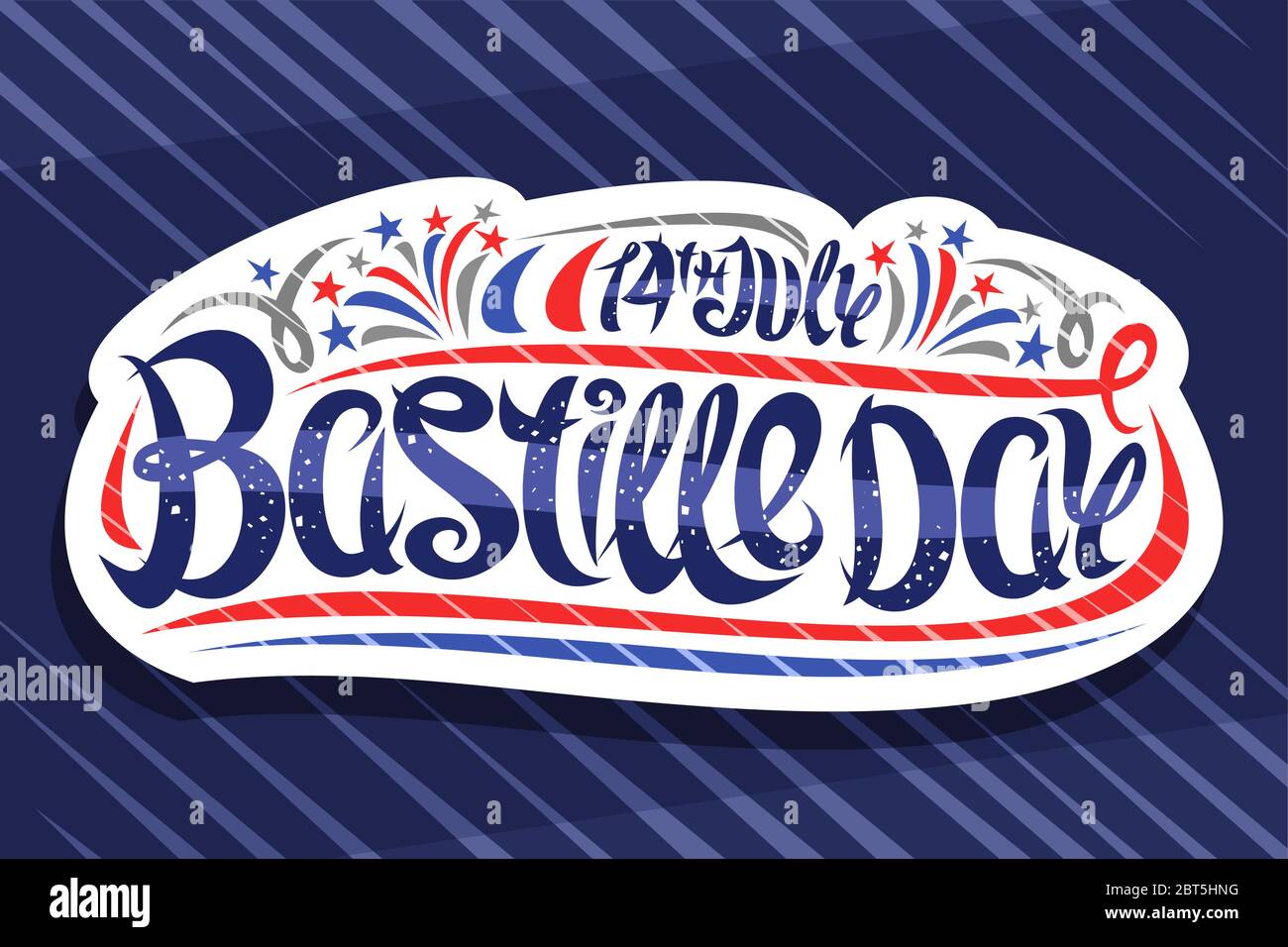 Vektor Grußkarte für Bastille Tag, weiße dekorative Abzeichen mit Cartoon Feuerwerk und blüht, patriotische Poster mit einzigartigen Pinsel Buchstaben für wo Stock Vektor