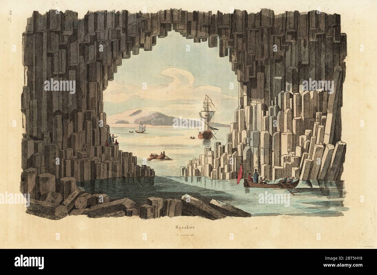 Basaltsäulen in Fingals Cave, Staffa, Inner Hebrides, Schottland. Handkolorierter Stahlstich von Pfitzer aus Felix-Edouard Guerin-Menevilles Dictionnaire Pittoresque d'Histoire Naturelle (malerisches Wörterbuch der Naturgeschichte), Paris, 1834-39. Stockfoto