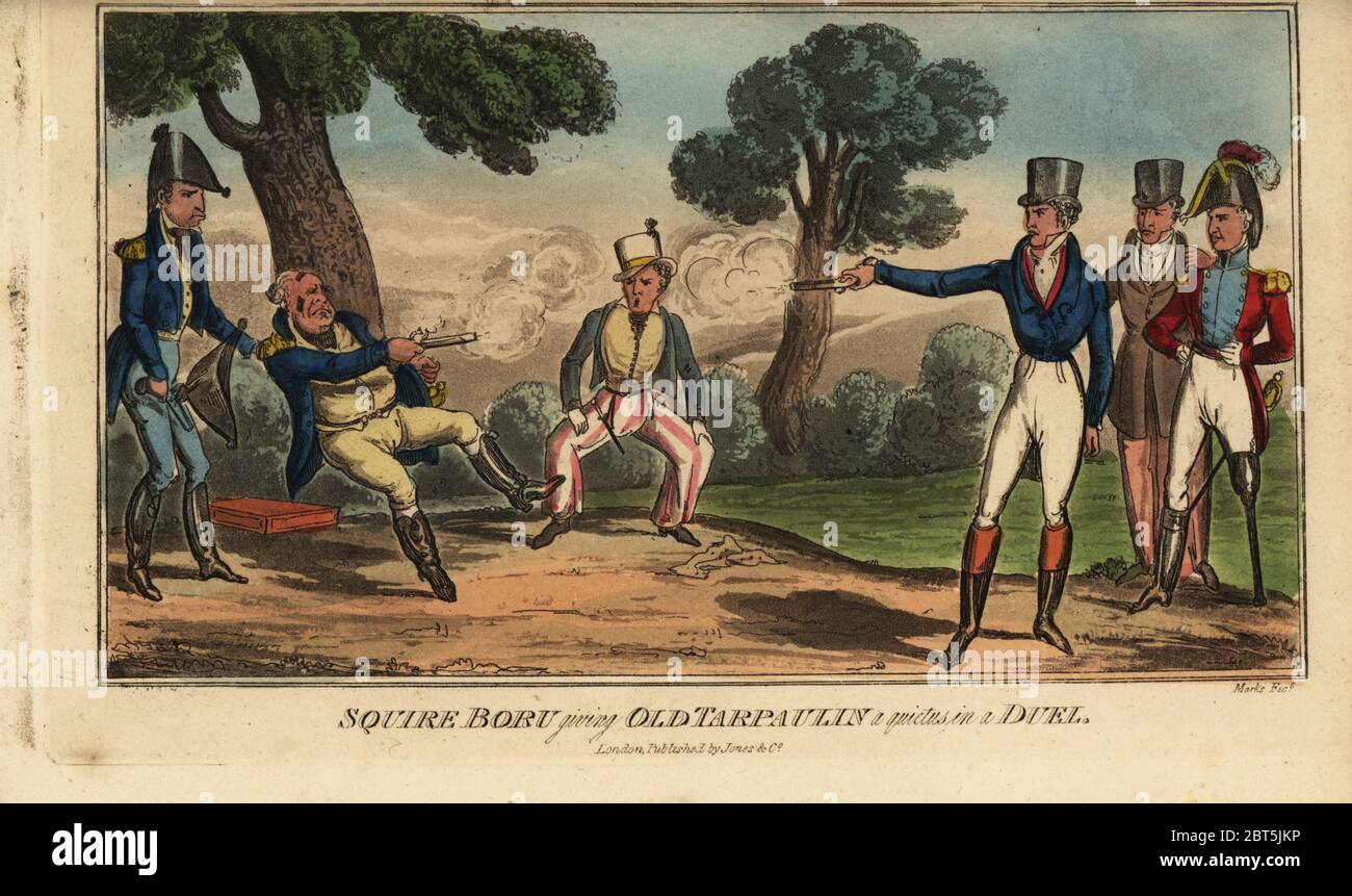 Der irische Herr Brian Boru und Marineoffizier Tarpaulin kämpfen im Duell mit Pistolen, Dublin, 1821. Seconds und Mitglieder der Dueling Society of Dublin teilnehmen. Squire Boru gibt Old Tarpaulin einen Quietus in einem Duell. Handkolorierter Stich nach einer Illustration von Marken aus Pierce Egans Real Life in Irland, oder die Tag-und Nachtaufnahmen, Rovings, Rambles und Sprees, Bulls, Blunders, Bodderation und Blarney, von Brian Boru Esq., und sein eleganter Freund Sir Shawn ODogherty, herausgegeben von William Evans, London, 1829. Stockfoto