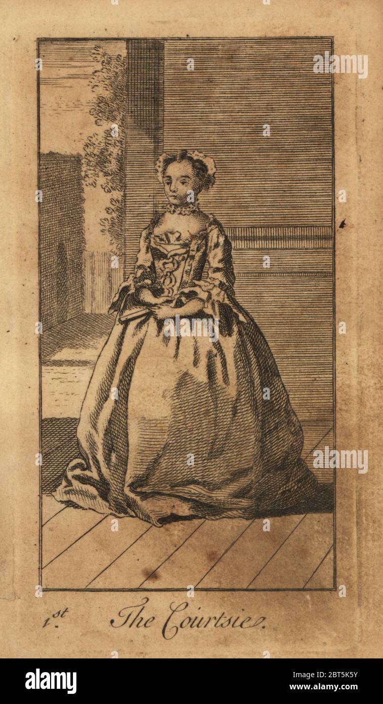 Junge Dame curtsying auf einer Straße, 18. Kupferstich aus der höflichen Akademie, oder Anweisungen für eine vornehme Verhalten und höflich Adresse in Meister und vermisst, R. Baldwin, London, 1759. Stockfoto