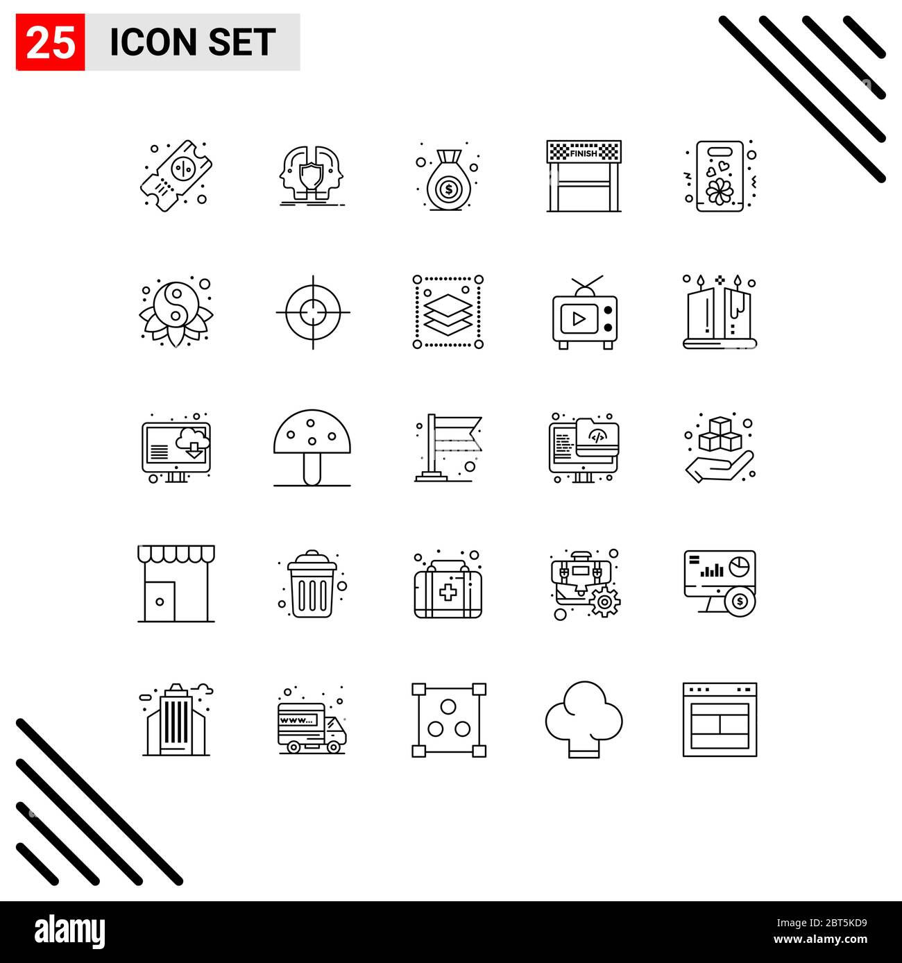 25 Universal Line Zeichen Symbole von Geschenk, Ziel, Tasche, Rennen, Linie editierbar Vektor Design-Elemente Stock Vektor